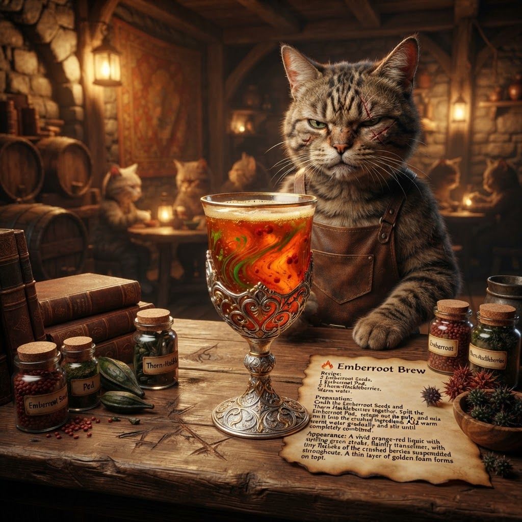AI Design for Design a cooling potion for a cat fantasy kind of series that is like blue white glittery and include some cool berries along some like Icy flower pod and give it this like special feel like it's in a tavern like served to you nostalgicmake a colorful but don't over complicate the design make it beautiful but not too complicated and just put it in like a glass that's like I was like silver and gold like details and also at a bartender that's a cat and he's a kind of grumpy it's a very nostalgic kind of not too bright kind of darker lighting 🔥 Emberroot Brew
Recipe
2 Emberroot Seeds
1 Emberroot Pod
3 Thorn-Hackleberries
Warm water
Preparation: Crush the Emberroot Seeds and Thorn-Hackleberries together. Split the Emberroot Pod, scrape out its pulp, and mix it into the crushed ingredients. Add warm water gradually and stir until completely combined.
Appearance: A vivid orange-red liquid with swirling green streaks, faintly translucent, with tiny flecks of the crushed berries suspended throughout. A thin layer of golden foam forms on top now do it for this potion do not include the cold potion okaynow do it for this potion do not include the cold potion okay