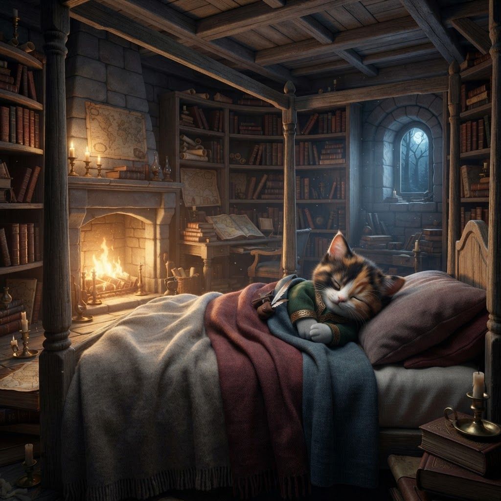 AI Design for ? Archive Loft — Revised Prompt
> A cozy medieval fantasy bedroom hidden inside the upper loft of an ancient woodland archive in Elderwood. The room has a gray, deep red, and muted blue color palette, with aged gray stone and weathered wooden beams. A large, tall four-poster bed dominates the room, covered in soft gray, deep red, and blue blankets. A calico cat librarian is peacefully sleeping in the bed, comfortably curled beneath the blankets.
A warm fireplace burns beside the bed, casting beautiful golden light across the cool gray walls and creating a cozy contrast with the red and blue furnishings. Huge bookshelves surround the room, filled with old books, scrolls, maps, manuscripts, ink bottles and quill pens. A wooden writing desk sits nearby with an open book and several carefully rolled maps.
A small arched window overlooks the dark Elderwood forest, with faint moonlight filtering through the trees. Candles, old brass fixtures, subtle dust particles, and tiny details of a working librarian's life make the room feel genuinely lived-in.
Realistic woodland fantasy aesthetic, cinematic dark-fantasy atmosphere, warm fireplace lighting, cool gray shadows, rich muted red and blue accents, detailed natural materials, nostalgic forgotten-childhood-fantasy feeling, beautiful and peaceful, slightly mysterious, believable medieval architecture, no modern objects. Essentially make you feel like candle it fireplace warm library that has a lot of books spiral bookshelves stairs reaching for big books and then you would have a calico cat wearing this up librarian outfit librarian outfit that would be very beautiful yet like he like the red librarian would wear this off and he's like a bibeetle cat for a fantasy series