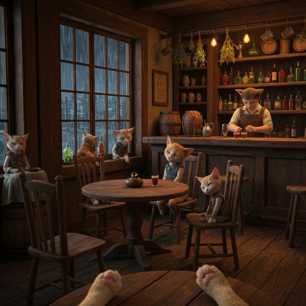 AI Design for Yeah, I get the composition now. You’re tucked into a corner of the tavern, sitting at a table with other bipedal cats, while the camera looks across the room toward the bar and the rain outside. It should feel like a quiet moment you stumbled into rather than a staged scene.

🌧️ POV — Fell Asleep in the Bushwhack Tavern

> Photorealistic cinematic dark-fantasy live-action film still, first-person POV from a small bipedal cat sitting in a secluded corner of the Bushwhack Tavern in Elderwood on a rainy evening.

The viewer is seated comfortably in a wooden chair at a small round wooden table tucked into the corner of the tavern. Several small bipedal cats are sitting around nearby tables and chairs, all with realistic feline anatomy and natural fur. They wear simple medieval fantasy clothing such as little cloaks, tunics, scarves and vests. Some cats have fallen asleep in their chairs, heads resting against the table or their paws, while another is quietly looking out the rain-covered window.

The viewer's own small feline paws can subtly appear at the bottom edge of the frame, resting on the table, making it clear that the viewer is also a cat.

Across the room is the large wooden tavern bar, clearly visible from the corner. Behind it stands the tavern keeper, a realistic bipedal cat preparing drinks and quietly organizing colorful glass bottles. Shelves behind him contain dozens of unusual bottles, ceramic mugs, wooden barrels and hanging herbs. He isn't posing for the camera—he is simply going about his nighttime work.

Large windows beside the bar reveal heavy rain falling over Elderwood at night. Water streams down the glass, while enormous dark trees are visible beyond the windows. Wet cobblestones outside reflect the warm golden lights of the tavern. Occasional distant lightning softly illuminates the forest without overpowering the scene.

The interior is illuminated almost entirely by a large stone fireplace, small candles and warm hanging lanterns, creating soft amber pools of light across the dark wooden floor and furniture. The rainy world outside is cool blue-gray, creating a beautiful contrast with the warm interior.

The composition should feel quiet, ambient and intimate, with the viewer sitting comfortably in their little corner while the tavern continues quietly around them. It feels like you've stayed too late, fallen asleep in your chair, and woken up briefly to the sound of rain before drifting off again.

Photorealistic live-action dark-fantasy cinematography, realistic cat fur, believable small bipedal feline proportions, realistic medieval tavern architecture, detailed wood, stone, glass, fabric and rain, natural firelight, realistic reflections, atmospheric depth, subtle film grain, cinematic color grading, soft shadows, slightly desaturated surroundings with warm amber highlights.

No cartoon, no illustration, no anime, no 3D animation, no modern objects, no exaggerated fantasy architecture, no human characters.