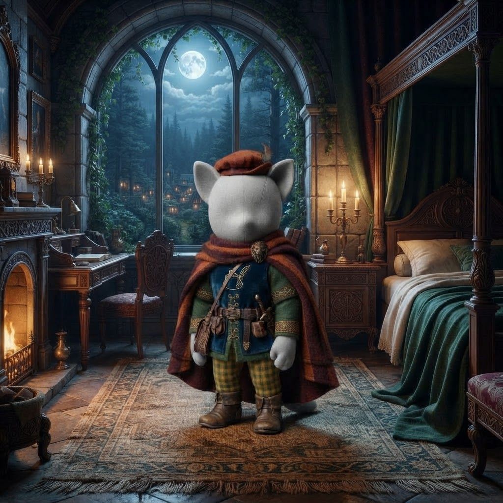 AI Design for An elegant medieval fantasy guest bedroom inside the ancient castle overlooking Elderwood. Tall stone walls, beautiful carved wooden furniture, a large four-poster bed with deep green and cream blankets, ornate wooden details, a small fireplace, candles, embroidered curtains, a polished wooden desk, and a large arched window overlooking the enormous forest and distant Elderwood Village. Subtle ivy grows around the stone window frame. The room feels luxurious but still warm and believable, combining royal architecture with natural woodland craftsmanship. Moonlight enters through the window while candles provide soft golden illumination. Majestic, peaceful, mysterious and nostalgic, cinematic realistic dark-fantasy storybook aesthetic, rich natural textures, atmospheric depth