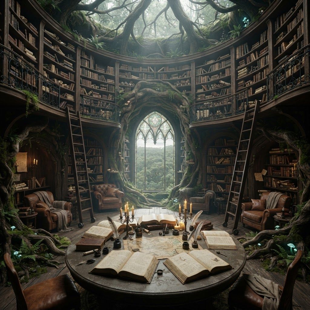 AI Design for 📚 4. Library Floor
PHOTOREALISTIC LIVE-ACTION DARK-FANTASY LIBRARY inside the upper interior of a gigantic hollow tree. A circular library completely integrated into the natural wooden walls of Wizard's Hollow.
Tall curved bookshelves follow the inside of the tree, reaching toward the ceiling and packed with thousands of old spellbooks, journals, maps, scrolls and handwritten manuscripts.
Wooden ladders lean against the shelves. Small reading balconies connect different sections of the room. A large round table sits in the center with open books, ink pots, quills, maps and candles.
Comfortable reading chairs and small tables are positioned beside the walls. Moss and tiny plants grow naturally around some exposed roots.
A large window looks out over the enormous Elderwood forest. Soft daylight filters through the canopy, illuminating floating dust particles and the textured pages of the books.
Ancient, scholarly, cozy and mysterious. Photorealistic wood, paper, leather, fabric and glass, realistic natural lighting, cinematic depth of field, subtle film grain, high-budget live-action dark-fantasy aesthetic.