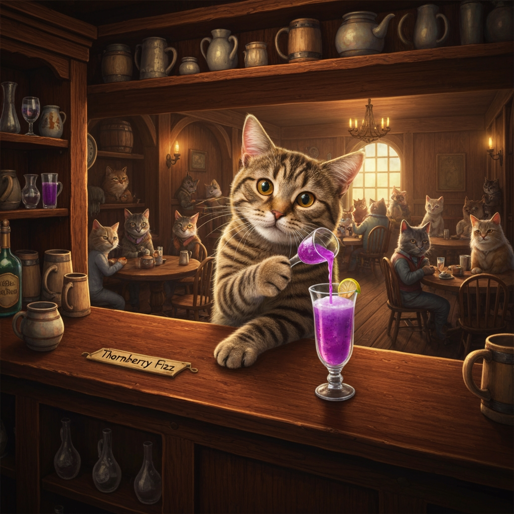 AI Design for Cat fantasy series with tavern bar cat serving you potion named thornberry fizz