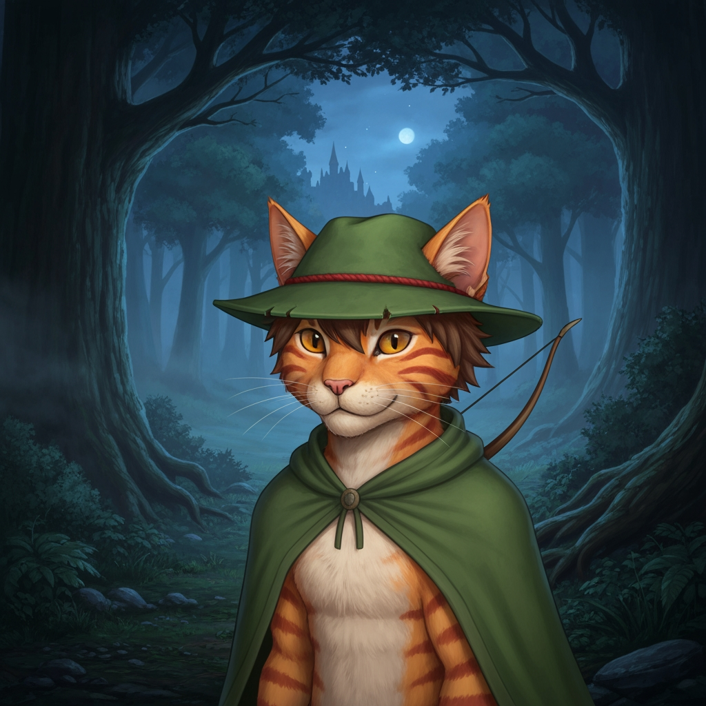 AI Design for Sure — here's the complete description based exactly on what you just described, without adding a new outfit or changing his established design.

🌲 Jasper Embermane — Dark Fantasy Version

Jasper is an orange tabby cat with a natural, slightly realistic feline appearance. His fur should have believable texture and anatomy while still preserving his recognizable Embermane character design.

🐈 Face & Fur

Warm orange tabby fur covering his body.

Slightly darker reddish-brown stripes.

Two reddish-brown stripes on each cheek, one of his most recognizable markings.

His head has his characteristic brown hair/mane, giving him a slightly distinctive, rugged appearance.

His ears are orange, with roughly the upper third of each ear covered in a reddish-brown color.

His facial features should look like a real cat's, but remain expressive enough to recognize Jasper immediately.


🎩 Hat

Jasper wears his familiar green archer's hat.

Natural, slightly worn material.

A simple red band/outline around the hat where the brim meets the main body.

The hat should feel like something made for traveling through a forest rather than polished royal clothing.

Keep the design recognizable and understated.


🧥 Cloak

Jasper wears his familiar green cloak.

It should have a natural, practical appearance, with believable cloth texture and subtle signs of use.

🏹 Equipment

Jasper carries his bow, reinforcing that he's an archer rather than a heavily armored fantasy warrior.

His equipment should remain simple and practical.


---

🌙 Environment

Jasper is standing in a large, atmospheric forest at night.

The forest should feel enormous and ancient, with:

Tall trees surrounding him

Dense woodland vegetation

Deep shadows between the trees

Subtle moonlight filtering through branches

Atmospheric haze or mist

Natural earthy textures


Through an opening in the forest, a large castle can be seen in the distance.

The castle shouldn't dominate the image—it should feel like something Jasper has discovered beyond the trees, giving the scene a sense of exploration and mystery.


---

🎬 Overall Visual Style

The whole scene should have that dark-fantasy AI image aesthetic you were describing:

realistic but fantastical, nighttime, cinematic, atmospheric, slightly dark, natural colors, detailed fur, subtle film-like filtering, deep shadows, and dramatic moonlight.

It shouldn't look like a bright cartoon or overly polished 3D animation.

At the same time, Jasper shouldn't become an ordinary photorealistic cat—the orange fur, reddish-brown markings, brown mane, green hat, red hat band, green cloak, and bow need to make him unmistakably Jasper.