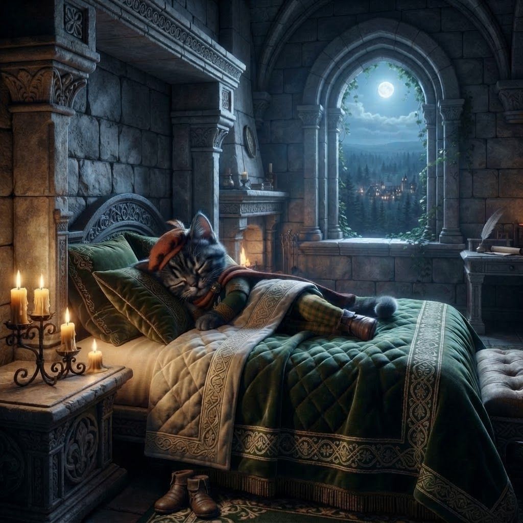 AI Design for An elegant medieval fantasy guest bedroom inside the ancient castle overlooking Elderwood. Tall stone walls, beautiful carved wooden furniture, a large four-poster bed with deep green and cream blankets, ornate wooden details, a small fireplace, candles, embroidered curtains, a polished wooden desk, and a large arched window overlooking the enormous forest and distant Elderwood Village. Subtle ivy grows around the stone window frame. The room feels luxurious but still warm and believable, combining royal architecture with natural woodland craftsmanship. Moonlight enters through the window while candles provide soft golden illumination. Majestic, peaceful, mysterious and nostalgic, cinematic realistic dark-fantasy storybook aesthetic, rich natural textures, atmospheric depth make the great cat wear this merchant outfit and make him tucked in bed sleeping and he's more of a bipedal structure whilst sleeping like a human culture fantasy magic o of course make it like more wooden structures instead of wooden structures you would have like stone because we need stone we don't need wood anymore like we want like a stone Castle bedroom that's Royal and stuff like this but with a cat MAKE A BLACK CAT SLEEP