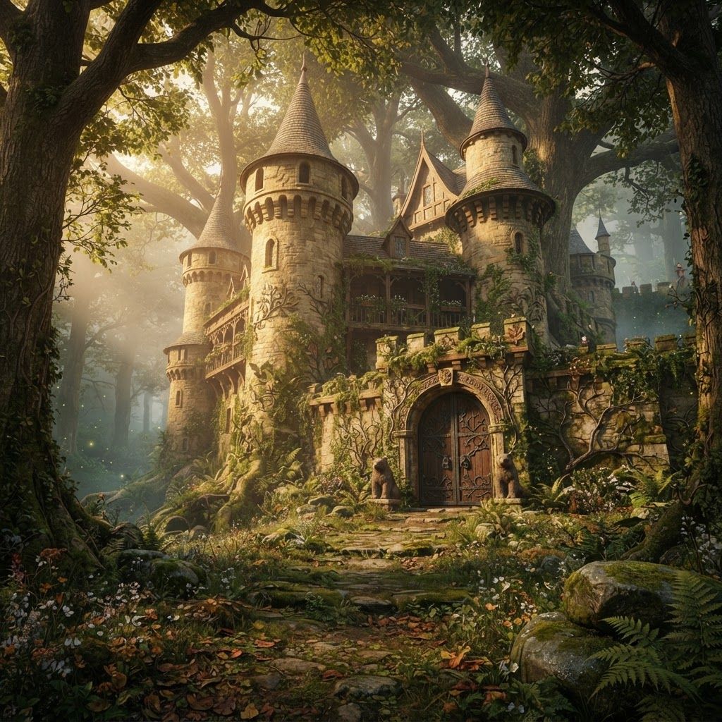 AI Design for Absolutely. Since you’re making the image yourself, I’d make the prompt emphasize the same cinematic realistic storybook look as your Jasper design, but make the castle feel like an actual landmark of Elderwood rather than a generic fantasy castle.
🏰 Elderwood Castle — Image Prompt
> A breathtaking medieval fantasy castle standing at the edge of the ancient Elderwood forest, designed in a cinematic realistic woodland storybook style. The castle should feel beautiful, mysterious, old, and completely believable, as though it has existed for centuries.
The castle is built from warm weathered gray and slightly golden stone, with tall rounded towers, elegant pointed rooftops, wooden balconies, stone bridges, narrow arched windows, carved details, ivy, moss and small plants growing naturally across the walls. Combine traditional medieval architecture with subtle woodland craftsmanship—wooden beams, carved leaves, tiny animal motifs, hanging lanterns, and beautifully crafted gates.
The castle should sit naturally among the enormous trees of Elderwood, with the ancient forest surrounding and partially framing it. Giant trees rise behind the castle, their branches forming a natural canopy around the towers. A winding stone-and-dirt road leads from the forest toward the enormous castle gates.
The scene should feel peaceful and majestic rather than dark or threatening. Warm late-afternoon sunlight filters through the trees, creating beautiful shafts of light and soft golden highlights across the castle walls. Include distant mist between the trees, subtle fireflies, moss-covered stones, wildflowers, ferns, fallen leaves and other tiny environmental details that make the forest feel alive.
Include only a few small cat guards in the distant background, standing near the castle entrance and along the walls. They should be realistic woodland cats wearing simple medieval guard clothing and carrying practical equipment. They are background details rather than the focus.
No main characters, no large groups of characters, no modern objects, no exaggerated magical effects.
Composition: wide cinematic establishing shot, castle clearly visible as the centerpiece, enormous forest surrounding it, winding path leading toward the entrance, strong sense of scale and depth.
Visual style: realistic detailed feline-and-woodland fantasy, natural realistic textures, believable stone and wood, detailed but not hyper-photorealistic, cinematic lighting, soft atmospheric depth, rich earthy greens and browns, warm golden sunlight, nostalgic storybook feeling, beautiful fantasy film concept art, subtly dreamlike and timeless.
I’d especially keep the fireflies and tiny environmental details subtle. That'll make it feel like the castle is genuinely sitting inside a living Elderwood rather than looking like a castle pasted onto a forest background.