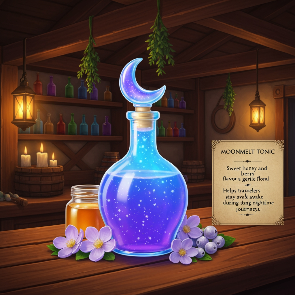 AI Design for 🍹 1. Moonmelt Tonic
Prompt:
A beautifully presented fantasy potion called Moonmelt Tonic displayed prominently on a wooden tavern counter inside the cozy Bushwhack Tavern in Elderwood. The drink is a vivid luminous blue-purple color with tiny silver sparkling particles floating through it, served in a charming glass bottle with a crescent-moon-shaped stopper. Around the bottle are Moonmelt Blossoms, Silverdew Berries and a small jar of golden honey. Warm tavern lanterns, wooden beams, shelves of colorful bottles, hanging herbs and soft candlelight in the background. The drink is perfectly centered and completely visible, colorful and visually striking. Include an elegant fantasy information placard beside it reading: MOONMELT TONIC — Sweet honey and berry flavor with a gentle floral finish. Helps travelers stay awake during long nighttime journeys. Cinematic realistic woodland fantasy, vibrant colors, handcrafted medieval aesthetic, beautiful atmospheric lighting. Make look realistic