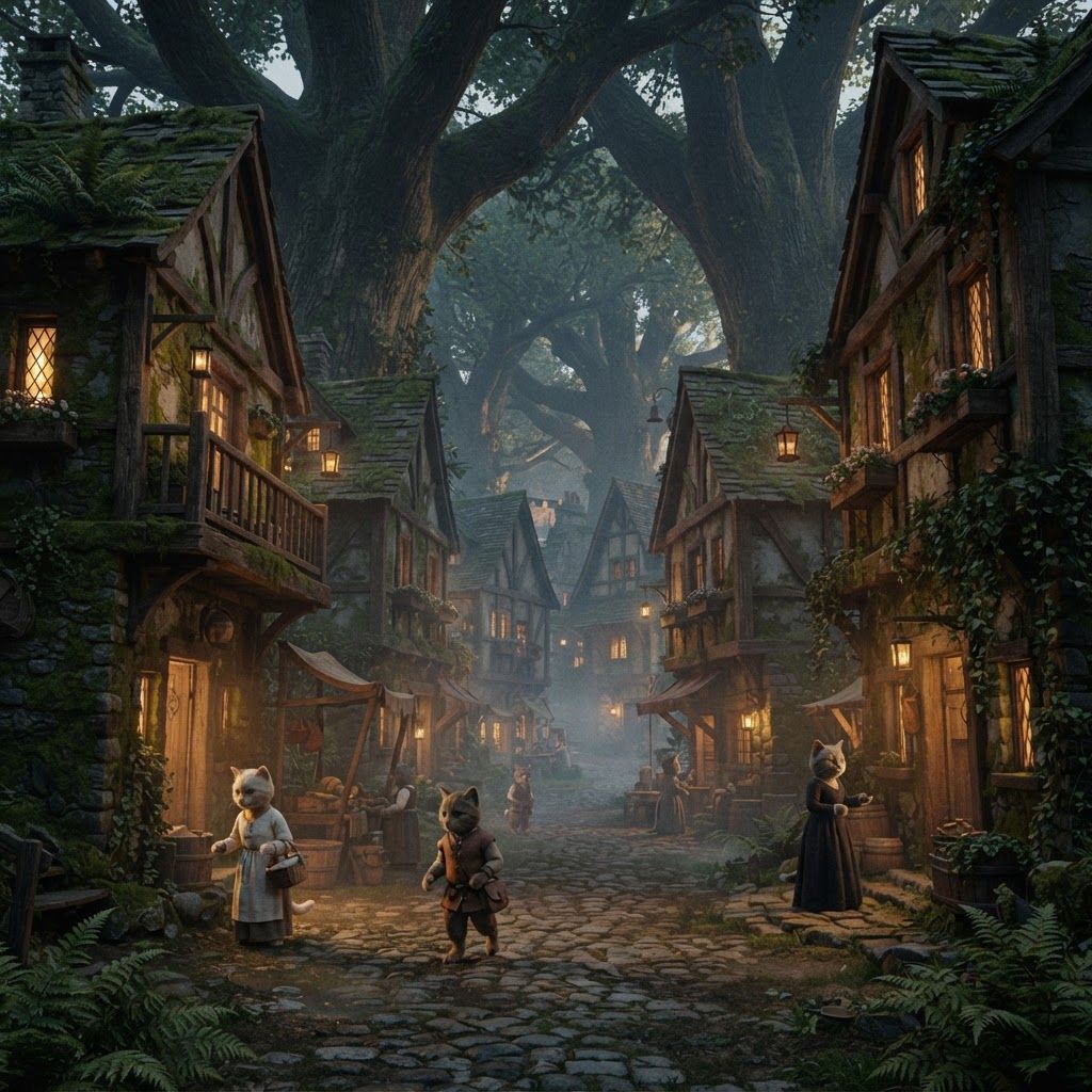 AI Design for 🌲 1. Elderwood Village
Photorealistic cinematic dark-fantasy film still of Elderwood Village, a peaceful medieval woodland settlement hidden among enormous ancient trees. Rustic timber-and-stone houses line a winding cobblestone street, with wooden balconies, flower boxes, hanging lanterns, little market stalls and moss growing naturally over old walls. Tall trees surround the village, their branches forming a canopy overhead. Warm golden lights glow from windows and doorways as evening mist settles between the buildings. A few distant cat villagers can be naturally present, but they are small background figures rather than the focus. Realistic wood, stone, foliage, atmospheric fog, natural imperfections, subtle film grain, realistic lighting, nostalgic fantasy atmosphere, like a still from a live-action dark-fantasy movie. No cartoon, no illustration, no anime, no 3D animation. Cats walking around with sinple mideval clothing