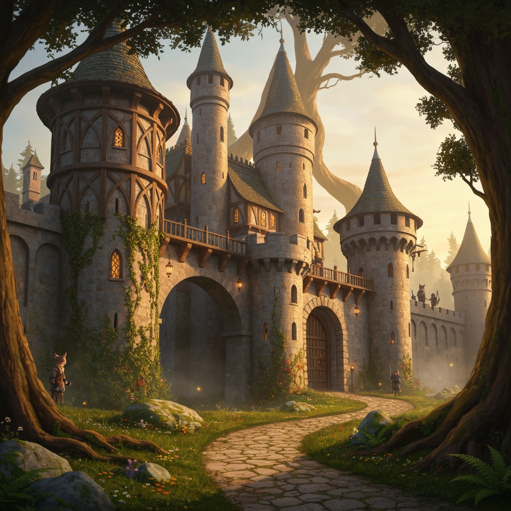 AI Design for Absolutely. Since you’re making the image yourself, I’d make the prompt emphasize the same cinematic realistic storybook look as your Jasper design, but make the castle feel like an actual landmark of Elderwood rather than a generic fantasy castle.
🏰 Elderwood Castle — Image Prompt
> A breathtaking medieval fantasy castle standing at the edge of the ancient Elderwood forest, designed in a cinematic realistic woodland storybook style. The castle should feel beautiful, mysterious, old, and completely believable, as though it has existed for centuries.
The castle is built from warm weathered gray and slightly golden stone, with tall rounded towers, elegant pointed rooftops, wooden balconies, stone bridges, narrow arched windows, carved details, ivy, moss and small plants growing naturally across the walls. Combine traditional medieval architecture with subtle woodland craftsmanship—wooden beams, carved leaves, tiny animal motifs, hanging lanterns, and beautifully crafted gates.
The castle should sit naturally among the enormous trees of Elderwood, with the ancient forest surrounding and partially framing it. Giant trees rise behind the castle, their branches forming a natural canopy around the towers. A winding stone-and-dirt road leads from the forest toward the enormous castle gates.
The scene should feel peaceful and majestic rather than dark or threatening. Warm late-afternoon sunlight filters through the trees, creating beautiful shafts of light and soft golden highlights across the castle walls. Include distant mist between the trees, subtle fireflies, moss-covered stones, wildflowers, ferns, fallen leaves and other tiny environmental details that make the forest feel alive.
Include only a few small cat guards in the distant background, standing near the castle entrance and along the walls. They should be realistic woodland cats wearing simple medieval guard clothing and carrying practical equipment. They are background details rather than the focus.
No main characters, no large groups of characters, no modern objects, no exaggerated magical effects.
Composition: wide cinematic establishing shot, castle clearly visible as the centerpiece, enormous forest surrounding it, winding path leading toward the entrance, strong sense of scale and depth.
Visual style: realistic detailed feline-and-woodland fantasy, natural realistic textures, believable stone and wood, detailed but not hyper-photorealistic, cinematic lighting, soft atmospheric depth, rich earthy greens and browns, warm golden sunlight, nostalgic storybook feeling, beautiful fantasy film concept art, subtly dreamlike and timeless.
I’d especially keep the fireflies and tiny environmental details subtle. That'll make it feel like the castle is genuinely sitting inside a living Elderwood rather than looking like a castle pasted onto a forest background.