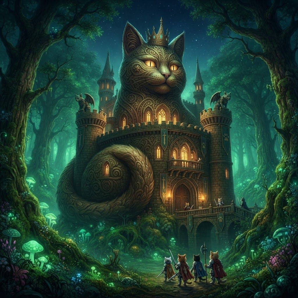 AI Design for Design this sort of dark fantasy feel get a sound very dark and depressed and is more of like impressive kind of retro styled fantasy Castle it's very big it's a very unique shape it's in a forest and it's like for a cat series of feline and nights and these images in the prompt bar are simply inspiration for the lighting in it's not dark or evil it's more of a good castle for the good guys you know beautifully green and glowing Forest