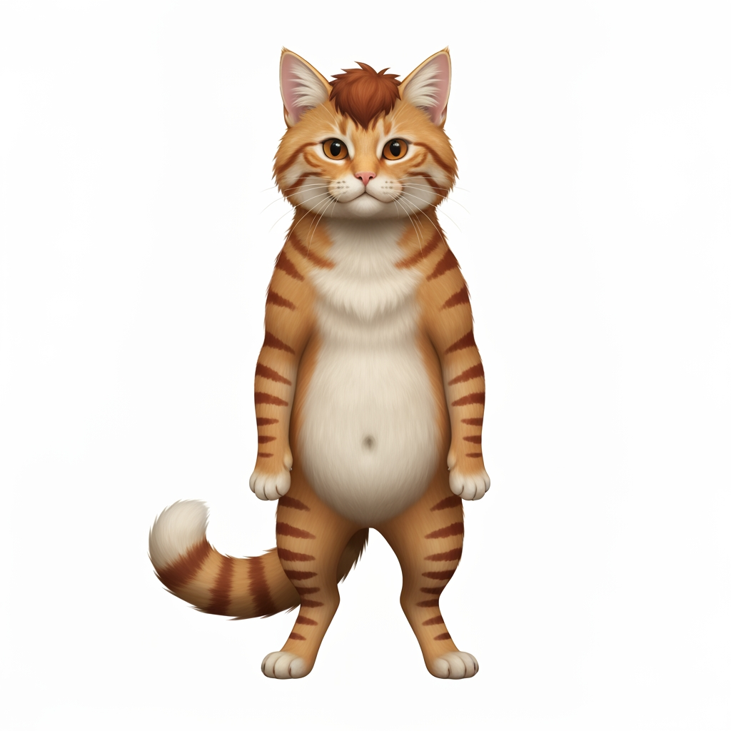 AI Design for 🐈 PROMPT 1 — EMBERMANE TABBY
Create a character-design reference template showing a simple, unclothed orange tabby cat standing upright in a neutral pose, facing slightly toward the viewer. The character should have natural realistic feline anatomy, four paws, a fluffy tail, pointed ears, a rounded cat face, and realistic detailed orange fur. Give the cat distinctive reddish-brown tabby stripes, including the recognizable two stripes on each cheek, darker striped legs and tail, a warm cream-colored muzzle, chest and rounded belly, and slightly darker reddish-brown fluffy head fur resembling Jasper Embermane's signature hair. No clothing, weapons, accessories, or props. The character should look like a clean, iconic base template for a medieval woodland fantasy character creator. Cinematic realistic storybook fantasy photography, natural forest lighting, detailed fur, earthy colors, believable