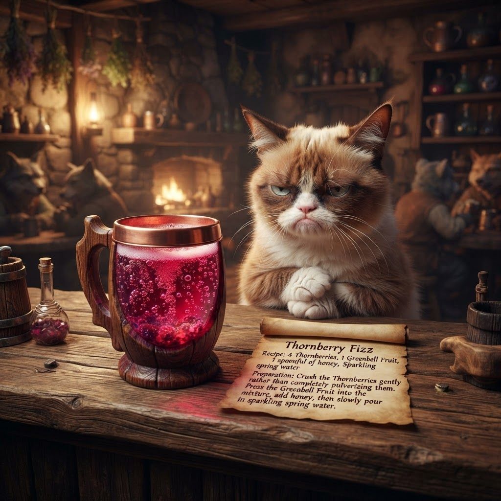 AI Design for Grumpy Cat fantasy series where there's a grumpy cat at the tavern and he's kind of looking at you after giving you the special potion. 🍓 Thornberry Fizz
Recipe
4 Thornberries
1 Greenbell Fruit
1 spoonful of honey
Sparkling spring water
Preparation: Crush the Thornberries gently rather than completely pulverizing them. Press the Greenbell Fruit into the mixture, add honey, then slowly pour in sparkling spring water.
Appearance: A vibrant ruby-red and magenta drink, filled with countless tiny bubbles. Small pieces of berry pulp float naturally near the bottom, while a thin pink foam forms at the surface.