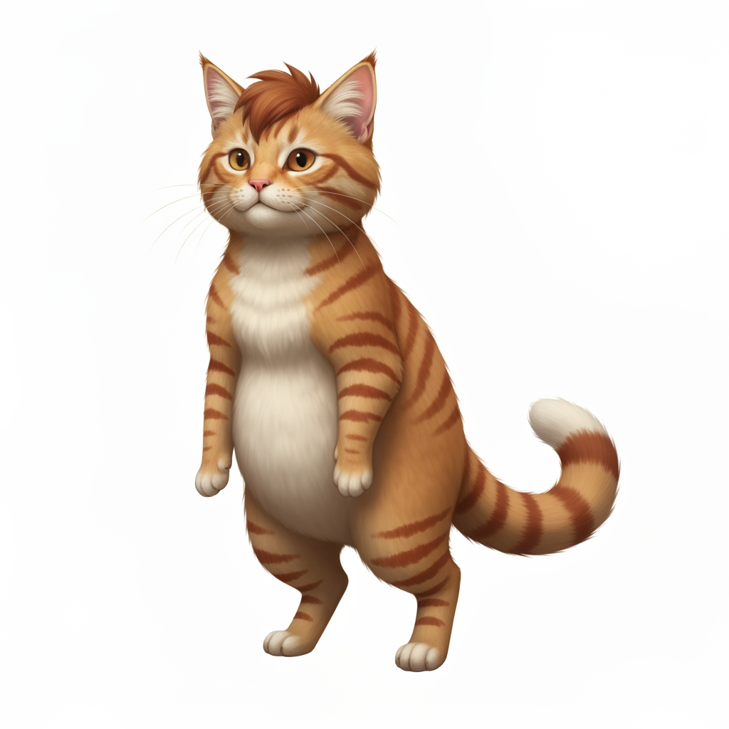 AI Design for 🐈 PROMPT 1 — EMBERMANE TABBY
Create a character-design reference template showing a simple, unclothed orange tabby cat standing upright in a neutral pose, facing slightly toward the viewer. The character should have natural realistic feline anatomy, four paws, a fluffy tail, pointed ears, a rounded cat face, and realistic detailed orange fur. Give the cat distinctive reddish-brown tabby stripes, including the recognizable two stripes on each cheek, darker striped legs and tail, a warm cream-colored muzzle, chest and rounded belly, and slightly darker reddish-brown fluffy head fur resembling Jasper Embermane's signature hair. No clothing, weapons, accessories, or props. The character should look like a clean, iconic base template for a medieval woodland fantasy character creator. Cinematic realistic storybook fantasy photography, natural forest lighting, detailed fur, earthy colors, believable