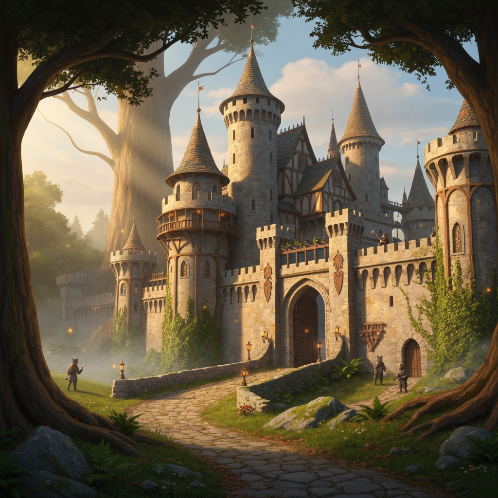 AI Design for Absolutely. Since you’re making the image yourself, I’d make the prompt emphasize the same cinematic realistic storybook look as your Jasper design, but make the castle feel like an actual landmark of Elderwood rather than a generic fantasy castle.
🏰 Elderwood Castle — Image Prompt
> A breathtaking medieval fantasy castle standing at the edge of the ancient Elderwood forest, designed in a cinematic realistic woodland storybook style. The castle should feel beautiful, mysterious, old, and completely believable, as though it has existed for centuries.
The castle is built from warm weathered gray and slightly golden stone, with tall rounded towers, elegant pointed rooftops, wooden balconies, stone bridges, narrow arched windows, carved details, ivy, moss and small plants growing naturally across the walls. Combine traditional medieval architecture with subtle woodland craftsmanship—wooden beams, carved leaves, tiny animal motifs, hanging lanterns, and beautifully crafted gates.
The castle should sit naturally among the enormous trees of Elderwood, with the ancient forest surrounding and partially framing it. Giant trees rise behind the castle, their branches forming a natural canopy around the towers. A winding stone-and-dirt road leads from the forest toward the enormous castle gates.
The scene should feel peaceful and majestic rather than dark or threatening. Warm late-afternoon sunlight filters through the trees, creating beautiful shafts of light and soft golden highlights across the castle walls. Include distant mist between the trees, subtle fireflies, moss-covered stones, wildflowers, ferns, fallen leaves and other tiny environmental details that make the forest feel alive.
Include only a few small cat guards in the distant background, standing near the castle entrance and along the walls. They should be realistic woodland cats wearing simple medieval guard clothing and carrying practical equipment. They are background details rather than the focus.
No main characters, no large groups of characters, no modern objects, no exaggerated magical effects.
Composition: wide cinematic establishing shot, castle clearly visible as the centerpiece, enormous forest surrounding it, winding path leading toward the entrance, strong sense of scale and depth.
Visual style: realistic detailed feline-and-woodland fantasy, natural realistic textures, believable stone and wood, detailed but not hyper-photorealistic, cinematic lighting, soft atmospheric depth, rich earthy greens and browns, warm golden sunlight, nostalgic storybook feeling, beautiful fantasy film concept art, subtly dreamlike and timeless.
I’d especially keep the fireflies and tiny environmental details subtle. That'll make it feel like the castle is genuinely sitting inside a living Elderwood rather than looking like a castle pasted onto a forest background.