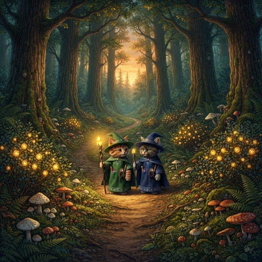AI Design for I want these two cats exactly the same as how they look now walking in a quiet Forest filled with large trees high above them and then white and red mushrooms all across the ground bushes with glowing yellow berries wild berries and bushes and trees all feeling up to be a beautiful wonderful Forest whilst they're walking across a dirt path like two great friends talking with each other reminiscing over the times when life was much simpler and don't change the cats looks make them look exactly as they are and don't make the bushes berries colorful just make them glowing yellow and like a sunset so it's kind of dark in the forest but they're sticks are illuminating everything and don't forget the tabby kittens details obviously having tipped ears like what I mean by tip is they have like a brown ear tips Brown stripes brown hair orange for the color of the beautiful club design and don't actually make them feel like they're like the center of the image kinda make it like a curved path and that they're walking on it like the curved pass