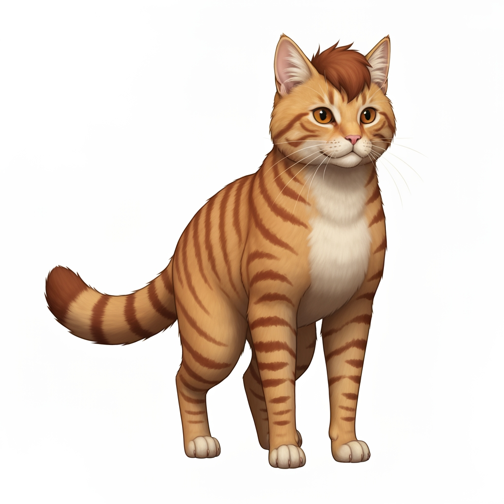 AI Design for 🐈 PROMPT 1 — EMBERMANE TABBY
Create a character-design reference template showing a simple, unclothed orange tabby cat standing upright in a neutral pose, facing slightly toward the viewer. The character should have natural realistic feline anatomy, four paws, a fluffy tail, pointed ears, a rounded cat face, and realistic detailed orange fur. Give the cat distinctive reddish-brown tabby stripes, including the recognizable two stripes on each cheek, darker striped legs and tail, a warm cream-colored muzzle, chest and rounded belly, and slightly darker reddish-brown fluffy head fur resembling Jasper Embermane's signature hair. No clothing, weapons, accessories, or props. The character should look like a clean, iconic base template for a medieval woodland fantasy character creator. Cinematic realistic storybook fantasy photography, natural forest lighting, detailed fur, earthy colors, believable