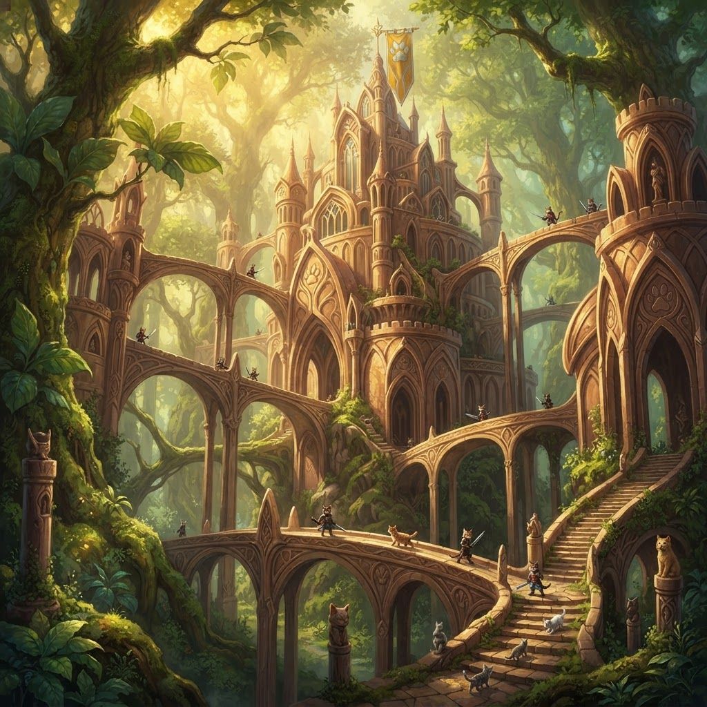 AI Design for Design a unique castle for a cat fantasy series that is beautiful unique you know beautiful Forest and it is essentially from a top-down view and there are a lot of bridges like Castle like pillars and it's very beautiful overall there's just like a really nice castle for this like fantasy series but it isn't way too dark or evil and it just like the perfect mix of good and good complex or anything and don't do a top down view more of just do a forward look onto the castle there's a lot of pillars but don't make it look like cats just make it look like cats would be there like some cat guards