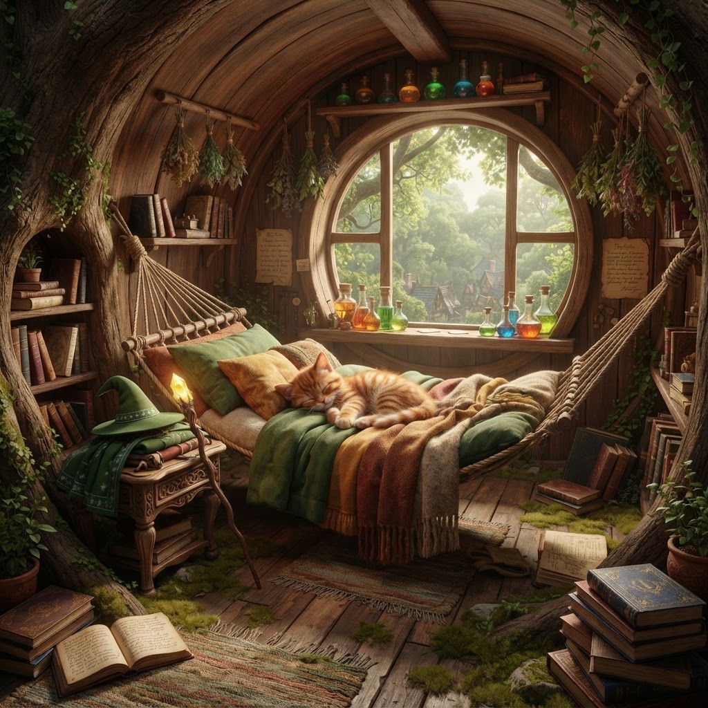 AI Design for 🌿 Walthazar Embermane's Bedroom
Walthazar's bedroom is tucked away on the top floor of Wizard's Hollow, inside the upper part of the enormous hollow tree. The room is spacious enough to move around comfortably, but its curved wooden walls and relatively low ceiling give it that snug, enclosed feeling—like a little private nest high above Elderwood.
One side of the room opens into a large rounded window built into the tree, overlooking the forest canopy. From the window, Walthazar can see enormous treetops stretching across Elderwood, with little glimpses of the village far below. During the day, soft sunlight filters through the leaves; at night, moonlight spills across the wooden floor.
His bed isn't a conventional bed. Instead, he has a large, sturdy hammock suspended between two thick sections of the tree's interior, piled with soft blankets and pillows. It hangs slightly above the floor, giving the room a relaxed, almost treehouse-like feeling.
The floor itself is very low and close to the ground, covered with worn wooden boards, small rugs and patches of naturally growing moss around the edges. The moss makes the room feel as though the forest has slowly become part of his home.
Books are everywhere. Stacks of old spellbooks, handwritten journals and battered fantasy books sit beside the hammock, on shelves carved directly into the tree and on little wooden tables. Some are neatly arranged while others have been left open as though Walthazar was reading them moments ago.
Small shelves and cabinets contain colorful potion bottles, glass flasks, jars of ingredients and strange little containers. Some contain liquids in amber, green, blue and reddish-orange shades. A few bottles sit on the windowsill where the sunlight catches them.
There are also bundles of herbs, leaves and dried plants hanging from wooden pegs and ceiling beams. Small potted plants occupy corners of the room, with vines occasionally creeping along the curved walls.
Walthazar's Embermane colors subtly appear throughout the room—warm oranges, reddish browns, earthy greens and natural wood—without making everything match perfectly.
The whole bedroom feels personal, peaceful and slightly cluttered, like a wizard's private hideaway rather than a formal magical chamber. It's a place where Walthazar can read, brew potions, watch the forest, curl up in his hammock and simply relax after wandering around Elderwood all day.
Cozy, spacious-but-snug, natural, warm, slightly rustic, and completely integrated into the living tree. 🌳🧙♂️