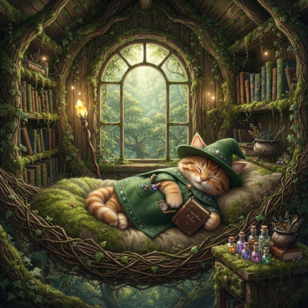 AI Design for 🌳 Greatwood Treehouse — wooden bedroom high among the branches, with a window overlooking the forest. Cat fantasy obviously like a bedroom that has like a hammock or something with this wizard cat sleeping I was like mossy and book shelves everywhere and this wizard like puts down his staff finally and he rest while he counts as potion bottles or something make you look like he's high in the trees and obviously don't forget to not mess up as details there's like include all the parts his ear tips stripes his hair