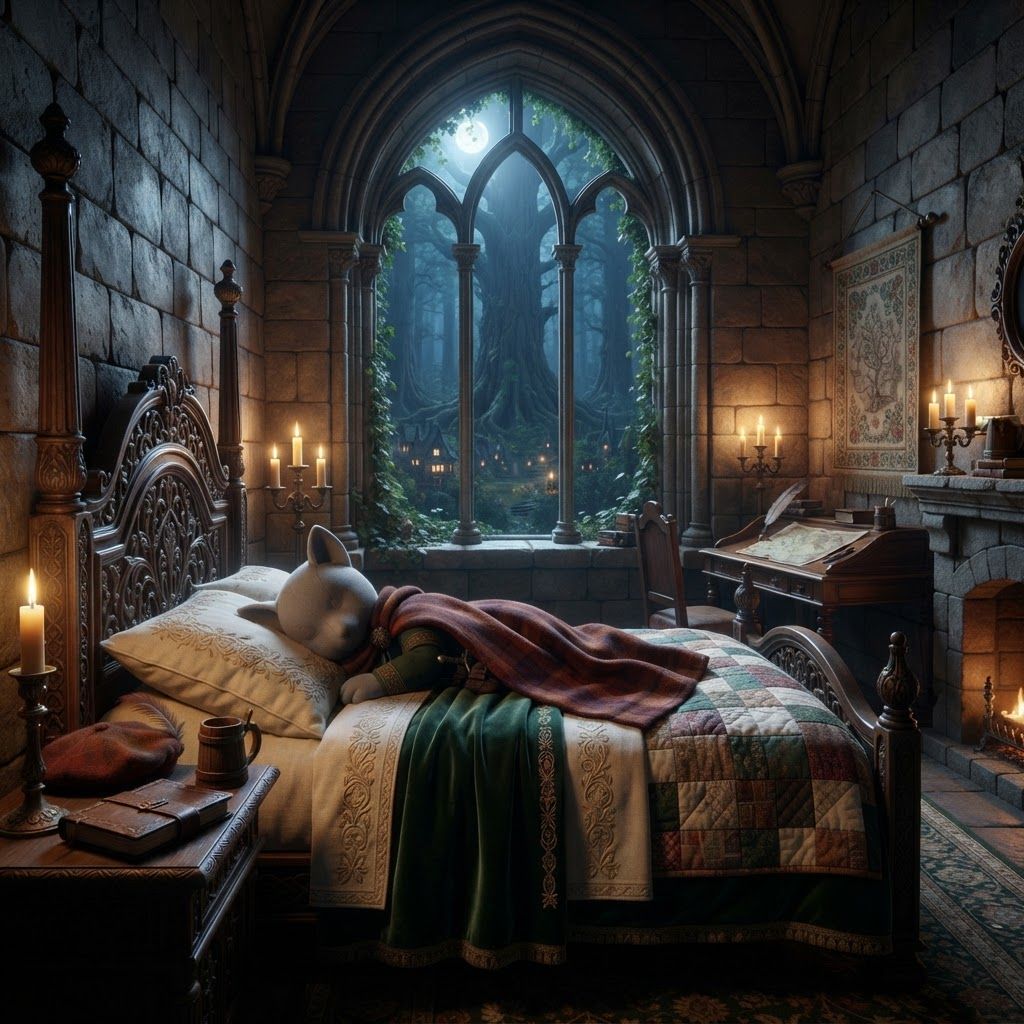AI Design for An elegant medieval fantasy guest bedroom inside the ancient castle overlooking Elderwood. Tall stone walls, beautiful carved wooden furniture, a large four-poster bed with deep green and cream blankets, ornate wooden details, a small fireplace, candles, embroidered curtains, a polished wooden desk, and a large arched window overlooking the enormous forest and distant Elderwood Village. Subtle ivy grows around the stone window frame. The room feels luxurious but still warm and believable, combining royal architecture with natural woodland craftsmanship. Moonlight enters through the window while candles provide soft golden illumination. Majestic, peaceful, mysterious and nostalgic, cinematic realistic dark-fantasy storybook aesthetic, rich natural textures, atmospheric depth make the great cat wear this merchant outfit and make him tucked in bed sleeping and he's more of a bipedal structure whilst sleeping like a human culture fantasy magic