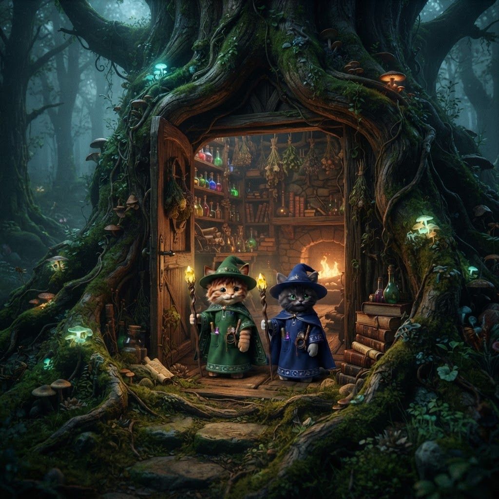 AI Design for 🧙 9. The Wizard's Hollow
Photorealistic cinematic dark-fantasy location deep inside Elderwood: a secluded wizard's workshop built into the roots of an enormous ancient tree. The rounded wooden-and-stone entrance is surrounded by moss, vines, mushrooms and glowing plants. Inside, visible through an open doorway, are wooden shelves containing colorful glass bottles, dried plants, old books, scrolls and strange magical objects. A warm fireplace illuminates the interior while the surrounding forest remains dark and misty. The architecture feels handmade, old and believable rather than exaggerated. Realistic glass, wood, stone, plants and firelight, cinematic depth of field, subtle film grain, mysterious woodland atmosphere, photorealistic live-action dark fantasy, no cartoon or illustration. With these cats