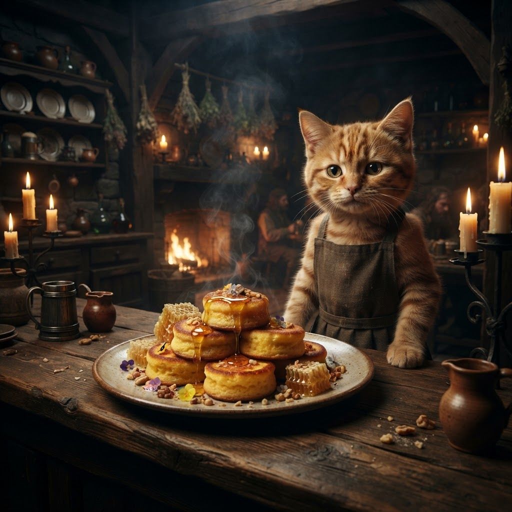 AI Design for 🍯 5. Goldencomb Cakes
Photorealistic cinematic dark-fantasy food photography inside a cozy medieval woodland tavern in Elderwood. A realistic cat tavern worker stands behind the wooden serving counter wearing a simple medieval apron. The cat looks toward the viewer with a hurried, hopeful expression, clearly watching to see the customer's reaction to the meal.
On the counter is a beautiful ceramic plate of freshly prepared Goldencomb Cakes. Several small golden cakes are stacked naturally, with crisp browned edges and soft interiors. Thick golden honey drips over the cakes, with pieces of real honeycomb, tiny edible flowers and crushed nuts arranged around the plate. A faint amount of steam rises from the warm cakes.
Warm amber fireplace light and candlelight illuminate the food, while the dark wooden tavern interior fades into realistic shadows behind the cat. Ceramic plates, wooden shelves, hanging herbs and glass bottles add environmental detail.
The cakes must look warm, soft, sweet, freshly prepared and genuinely mouth-watering, with realistic honey, pastry and fruit textures.
Realistic live-action dark-fantasy cinematography, photorealistic food photography, realistic cat fur and facial expression, physically believable materials and lighting, subtle film grain, atmospheric depth, warm firelight contrasting with cool shadows. No cartoon, no illustration, no anime, no 3D animated appearance.