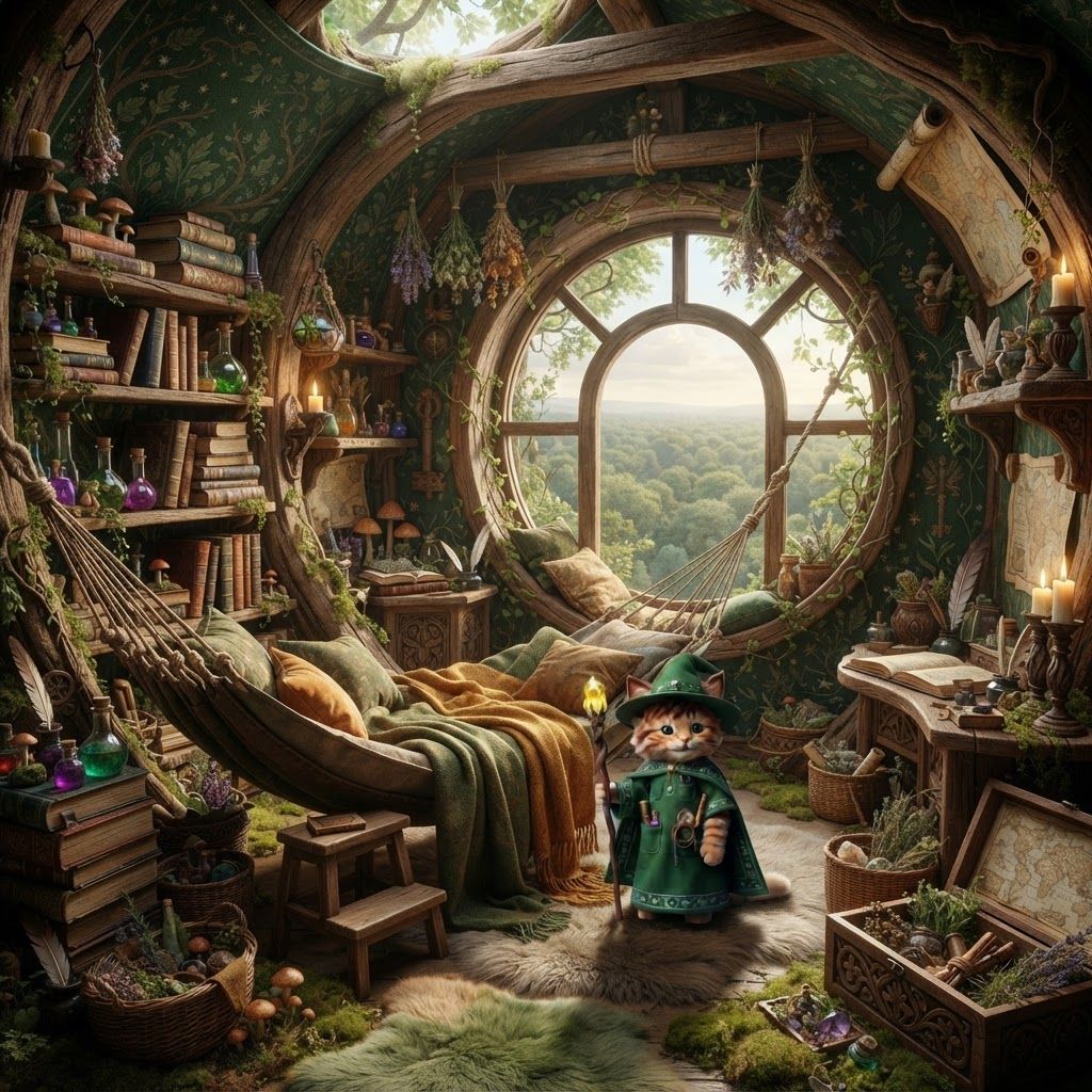 AI Design for Yeah, I see it — not just a rustic little wizard bedroom, but a genuinely beautiful, richly decorated room that still feels cozy and lived-in.
🌿 Walthazar's Bedroom — Refined Description
Walthazar's bedroom sits on the highest floor of Wizard's Hollow, nestled inside the upper trunk of the enormous hollow tree. The room is fairly spacious, but its rounded wooden walls, low ceiling, and tucked-away position make it feel intimate and snug without being cramped.
The centerpiece is a beautiful deep emerald-green tapestry hanging across one of the curved wooden walls. It's richly woven with subtle woodland patterns—leaves, twisting branches, tiny stars and perhaps an understated Embermane motif. The green fabric gives the room a warm, magical identity and contrasts beautifully with the natural brown wood.
A huge rounded window looks directly out over the Elderwood canopy. The treetops stretch into the distance beneath the window, making the room feel like it's sitting high above the entire forest. Soft daylight filters through the leaves and illuminates the room naturally.
Walthazar sleeps in his large hanging hammock, suspended securely between sections of the tree. It's filled with soft blankets and pillows in earthy greens, browns and warm amber tones. A little wooden step or stool sits beside it.
The room is filled with interesting little belongings everywhere:
📚 Tall stacks of spellbooks and old journals
🧪 Colorful potion bottles and glass flasks
🌿 Dried herbs hanging from wooden beams
🍄 Small potted mushrooms and plants
🕯️ Candles in carved wooden and iron holders
🗺️ Rolled maps tucked into shelves
🪶 Quills and ink pots
🔮 Small magical curiosities and crystals
🪵 Carved wooden boxes containing mysterious ingredients
🧺 Baskets filled with herbs and collected forest materials
Some shelves are built directly into the tree itself, following the curves of the trunk. Others are freestanding, handmade pieces of furniture.
There are soft rugs and mossy patches across the wooden floor, giving the room a natural forest-floor feeling. Little vines creep around the edges of some shelves and window frames.
The room isn't messy—it is beautifully cluttered. Everything feels like something Walthazar has collected during his life: books he's actually read, potions he's made, plants he's gathered, maps he's explored and little objects he simply thought were interesting.
The overall palette is emerald green, natural walnut-brown, warm amber, muted gold and touches of earthy orange, making it feel unmistakably like the bedroom of an Embermane wizard living inside an ancient forest tree.
It should feel like the kind of room where you could spend an entire rainy afternoon reading beside the window. 🌿📚🧪