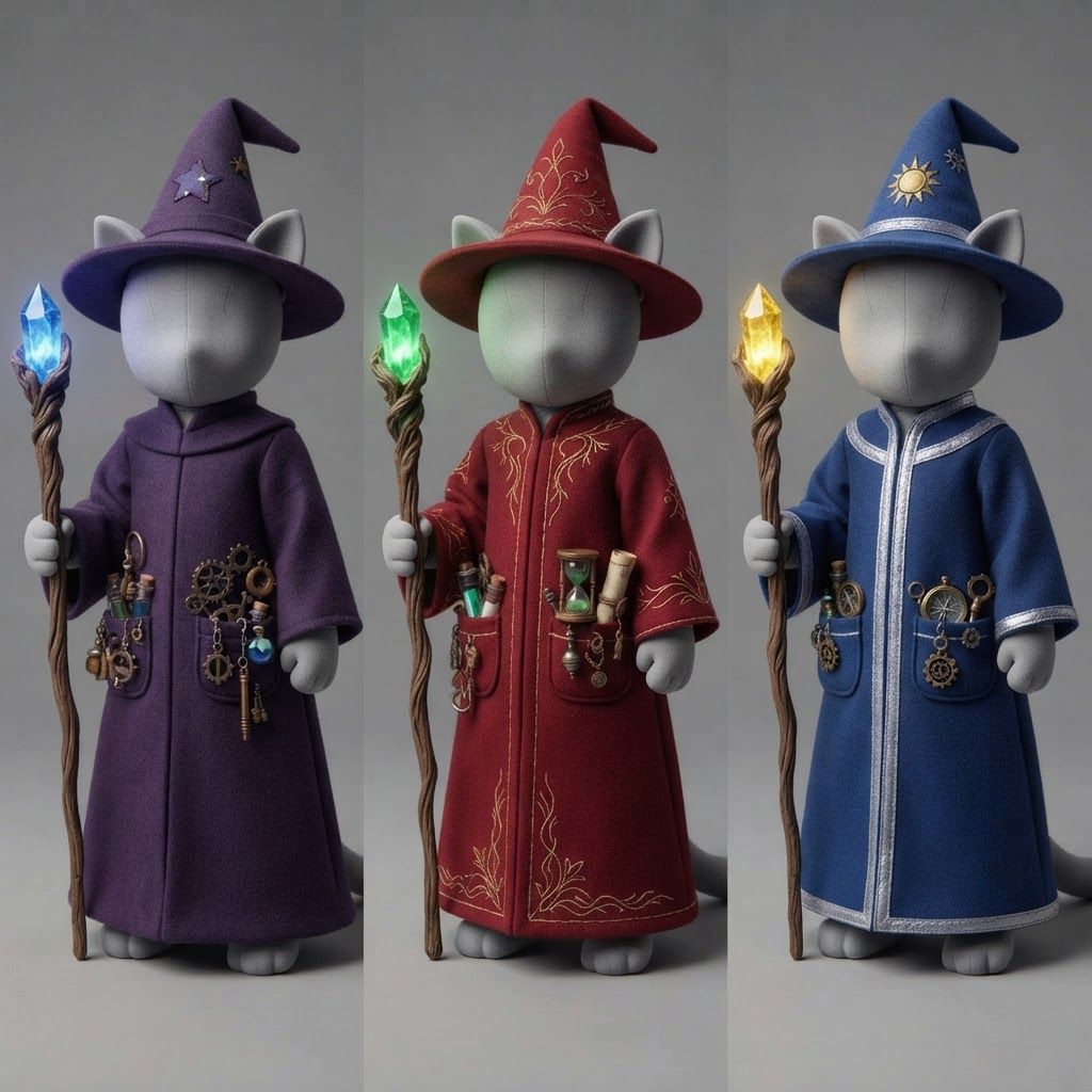 AI Design for I am writing a cat fantasy series and this is a mannequin for a cat clothes base so design and outfit for a a wizard robe in a medieval fantasy Style so essentially first they want you to do a very basic purple robe with the wizard hat and some tiny gizmos and stuff like that in your pockets and also hold like a staff of them blue crystal now do a red wizard robe and replace the blue crystal with a green clip crystal now do a blue outfit and use a yellow crystal on the staff