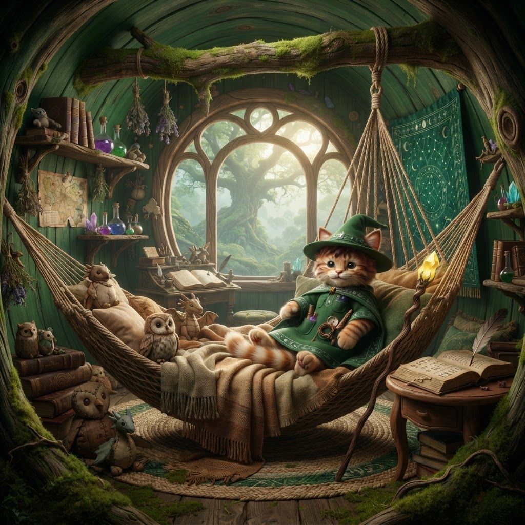 AI Design for Absolutely — here's a detailed prompt that keeps the photorealistic dark-fantasy Elderwood look, while making Walthazar's room feel genuinely cozy and personal.
🌿 Walthazar Embermane — Morning in His Bedroom
> PHOTOREALISTIC LIVE-ACTION DARK-FANTASY FILM STILL. A beautiful, cozy bedroom belonging to a young anthropomorphic cat wizard named Walthazar Embermane, located on the highest floor of an enormous ancient hollow tree in Elderwood. The scene should look like a frame from a high-budget fantasy movie filmed with a real physical set, realistic practical lighting and physically believable materials.
Walthazar Embermane is a small bipedal anthropomorphic orange tabby cat, sitting comfortably inside his large hanging hammock. He has realistic feline anatomy, detailed soft orange fur and distinctive dark reddish-brown tabby stripes across his face, ears, arms and body. His muzzle and chest have slightly lighter fur. His eyes are vivid green and expressive. His ears are clearly feline, with distinctive colored ear tips that contrast against the rest of his orange fur.
Walthazar wears his recognizable fantasy wizard hat, a slightly floppy, well-worn pointed hat made from textured fabric, with subtle magical details and a small decorative accent around the base. He wears a cozy wizard's outfit beneath it, with earthy fantasy fabrics, layered clothing and small embroidered details. His clothing should look practical and comfortable rather than extravagant.
Walthazar is sitting curled up comfortably in his hammock, surrounded by soft blankets, cushions and pillows. He looks relaxed and sleepy, as though he has just woken up. His posture is natural and cozy, with his tail comfortably curled beside him.
The entire interior of the room has beautiful deep emerald-green walls, but the walls are still unmistakably made from the living wood of the enormous hollow tree. The green color appears like a rich painted or naturally dyed finish over the curved wooden interior, while the natural grain, knots, cracks and contours of the tree remain clearly visible underneath. Exposed sections of warm brown wood appear around the edges, creating a beautiful green-and-wood contrast.
Behind Walthazar is a large rounded window carved directly into the tree, overlooking the enormous rich Elderwood forest early in the morning. Outside, countless layers of ancient trees stretch into the distance, with thick emerald foliage, moss-covered branches and soft morning mist resting between the trees. Gentle golden sunlight is just beginning to pass through the canopy, creating soft rays of early-morning light across the room.
The bedroom is beautifully cluttered with Walthazar's belongings. There are stacks of old spellbooks, handwritten journals, maps, colorful potion bottles, glass flasks, little ceramic containers, dried herbs, mushrooms, flowers, crystals, ink bottles, quills and tiny magical curiosities scattered naturally throughout the room.
Add plenty of cute stuffed animals and handmade plush creatures around the room—some sitting on shelves, some tucked beside the hammock, and a couple casually piled among the pillows. They should look like charming handmade medieval-fantasy toys, slightly worn from years of use.
A beautiful emerald-green tapestry hangs on one of the curved walls, decorated with subtle woodland patterns, twisting branches, leaves, tiny stars and understated magical symbols. Soft rugs cover parts of the wooden floor, with little patches of moss growing naturally around the edges.
Include small shelves carved directly into the tree, filled with books and bottles. A little wooden writing desk sits near the window with an open spellbook, an ink pot and a feather quill. A few hanging herbs sway gently from the ceiling beams.
The lighting should be soft early-morning golden sunlight mixed with the deep green atmosphere of the room, creating gentle highlights on Walthazar's fur, the hammock fabric and the glass potion bottles. The forest outside should look fresh, misty and incredibly lush.
The overall mood is peaceful, magical, cozy, intimate and nostalgic—a tiny wizard's private sanctuary high above Elderwood. It should feel like a place where Walthazar could spend an entire morning reading, brewing potions and watching the forest from his hammock.
Extremely detailed realistic fur, individual whiskers, realistic feline eyes, believable bipedal feline anatomy, detailed fabric, natural wood grain, realistic glass, moss, plants and foliage, physically accurate sunlight, realistic atmospheric haze, cinematic depth of field, subtle film grain, high-end live-action dark-fantasy cinematography, natural imperfections, rich environmental detail.
NO cartoon, NO illustration, NO anime, NO children's-book art, NO 3D animation, NO plastic-looking fur, NO human body with a cat head, NO modern furniture, NO futuristic objects, NO overly exaggerated magic effects.