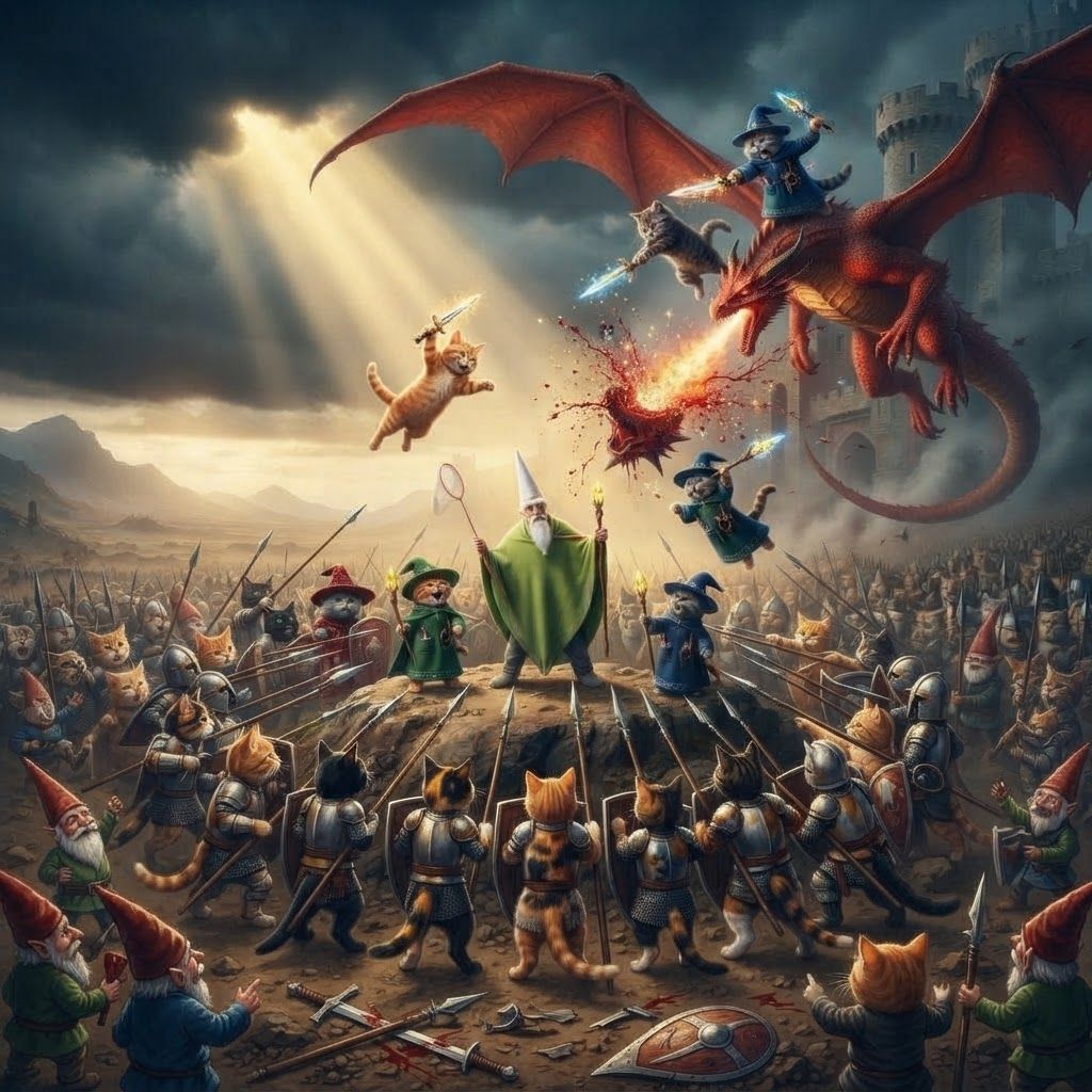 AI Design for Alright the green gnome is the king Crawley and in the war against the gnomes in the nights with the cats being the allies to the gnomes make sure that they're all defending the King by making a circle around him and make the three cats jump on the dragon and cut off his head