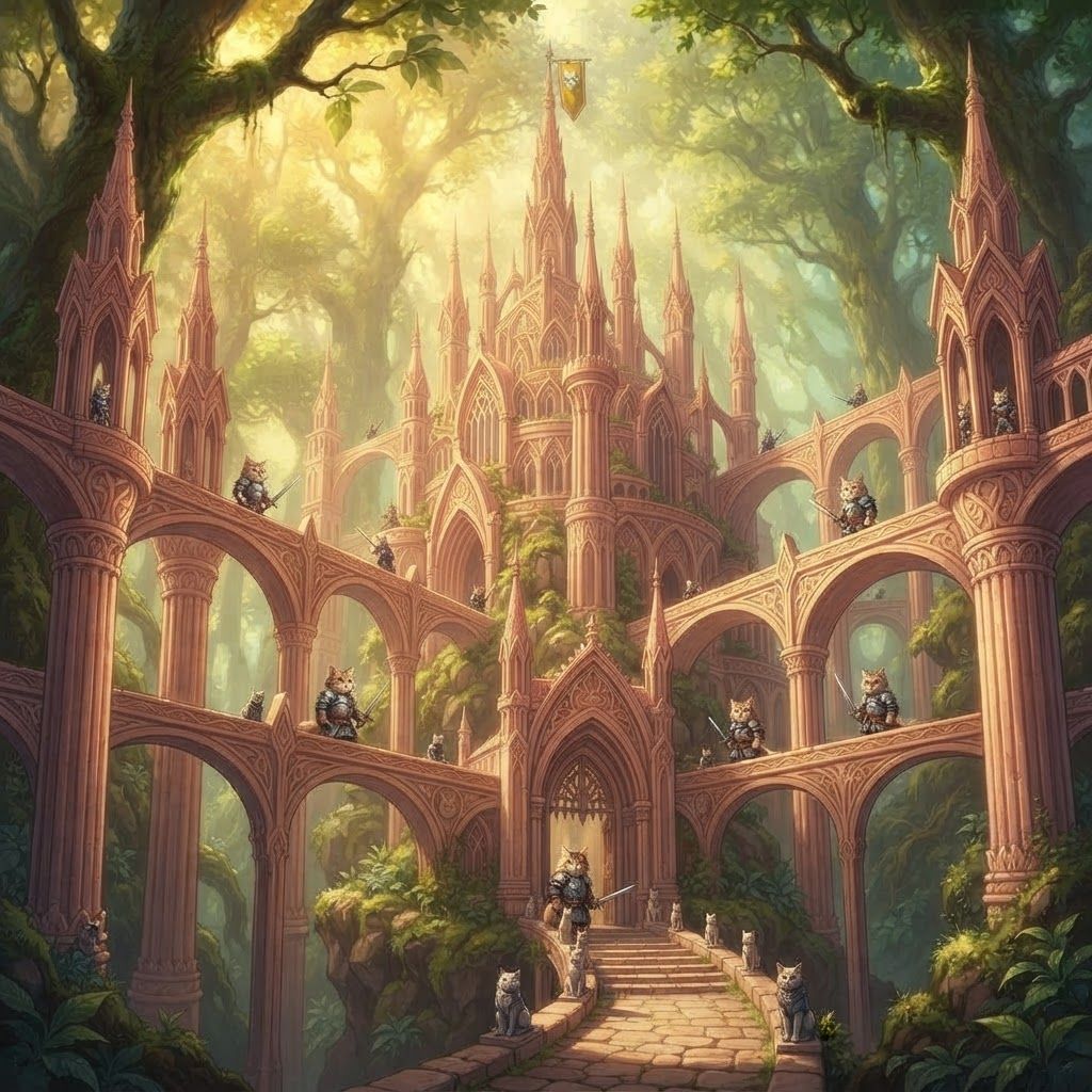 AI Design for Design a unique castle for a cat fantasy series that is beautiful unique you know beautiful Forest and it is essentially from a top-down view and there are a lot of bridges like Castle like pillars and it's very beautiful overall there's just like a really nice castle for this like fantasy series but it isn't way too dark or evil and it just like the perfect mix of good and good complex or anything and don't do a top down view more of just do a forward look onto the castle there's a lot of pillars but don't make it look like cats just make it look like cats would be there like some cat guards