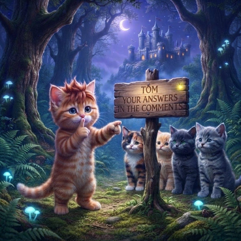 AI Design for Recreate this image with these cats but instead of a sign it says on the sign it's late at night in your thirsty AF which drink are you drinking or like which drink will you be taking and it's like actually night at in the image and it's like beautiful like the kind of shushing but also pointing at the signal fits a other hand he's looking at us telling us to shush Make the Cat look at the viewer alright now make the sign say tell me your answer in the comments but it's also night time and he's also shushing make the sign only say Tom your answers in the comments and also make it nighttime