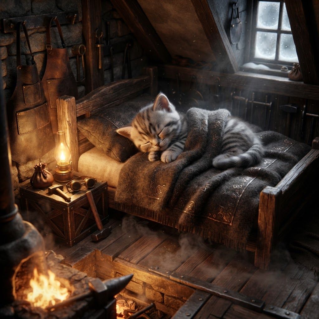 AI Design for ⚒️ The Forge Room — tiny warm bedroom above the blacksmith's workshop. Absolutely roasting in winter, but incredibly cozy. This Forge would be for a cat fantasy series and would be a bedroom that's kind of looking aesthetic photo with a cat already sleeping in bed