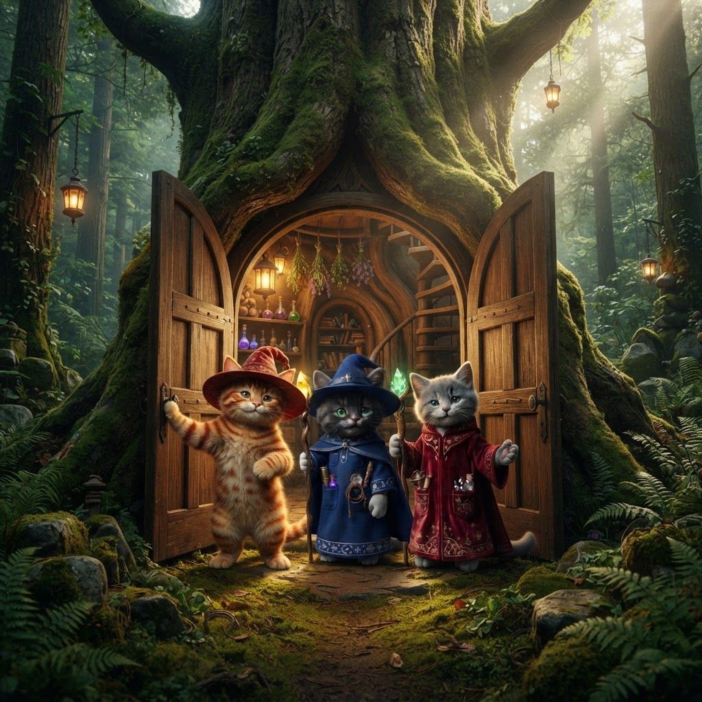 AI Design for Absolutely — this should be the welcoming establishing shot for the whole Wizard's Hollow tour. I'd make the cats feel genuinely friendly rather than posed.
🌳 Wizard's Hollow — The Welcome
> PHOTOREALISTIC LIVE-ACTION DARK-FANTASY FILM STILL. A cinematic exterior view of Wizard's Hollow, an enormous ancient hollow tree standing deep within the lush Elderwood forest.
The gigantic tree has a thick, beautifully textured trunk covered in moss, vines, ferns and small woodland plants. At its base is a magnificent set of large double wooden doors, naturally built into the hollow of the tree. Warm golden light spills from the open doorway onto the mossy forest floor.
The double doors are open toward the viewer, and standing in the doorway are the three bipedal cat wizards who live inside:
Walthazar Embermane — a small orange tabby cat with realistic soft fur, dark reddish-brown tabby stripes, distinctive colored ear tips, expressive green eyes and his recognizable floppy pointed wizard hat. He is smiling warmly and holding one of the doors open.
Jonathan Bartle Gergenrath — a bipedal cat wearing his elegant deep-blue wizard robe, with his yellow magical crystal visible. He stands beside Walthazar with a friendly smile, welcoming the visitor.
Bartholomew Crumpet — a gray bipedal cat wearing his distinctive red wizard robe, with his green crystal visible. He stands on the other side of the doorway, smiling warmly and gesturing invitingly toward the interior.
All three cats are clearly anthropomorphic and bipedal, standing upright naturally on two legs with realistic feline anatomy, paws, tails, whiskers and detailed fur. They are not humans with cat heads. Their expressions should be genuinely friendly and welcoming, like they're greeting a guest who has just arrived at their home.
Through the open doors, the beautiful interior of Wizard's Hollow can be partially seen: warm lanterns, wooden shelves full of potion bottles, hanging herbs, books, curved tree walls and the beginning of the magnificent spiral staircase.
Around the entrance are little details that make the tree feel inhabited: glowing lanterns hanging from branches, potted plants, mushrooms, moss-covered stones, tiny wooden signs, hanging herbs and small magical decorations.
The surrounding Elderwood forest is rich, enormous and lush, with towering trees, dense foliage, ferns, bushes and soft morning mist. Sunlight filters through the canopy behind the wizards, creating beautiful natural rays through the leaves.
The overall composition should feel like the viewer has just arrived at Wizard's Hollow and the three wizards have opened the door to welcome them inside.
High-budget live-action dark-fantasy cinematography, photorealistic realistic cat fur, believable bipedal feline anatomy, extremely detailed ancient tree bark, realistic moss and foliage, physically accurate wood and fabric, natural sunlight, warm practical lantern light, cinematic depth of field, atmospheric forest haze, subtle film grain, realistic shadows and reflections.
NO cartoon, NO illustration, NO anime, NO children's-book art, NO 3D animation, NO plastic-looking fur, NO human bodies with cat heads, NO modern objects, NO exaggerated glowing magic.