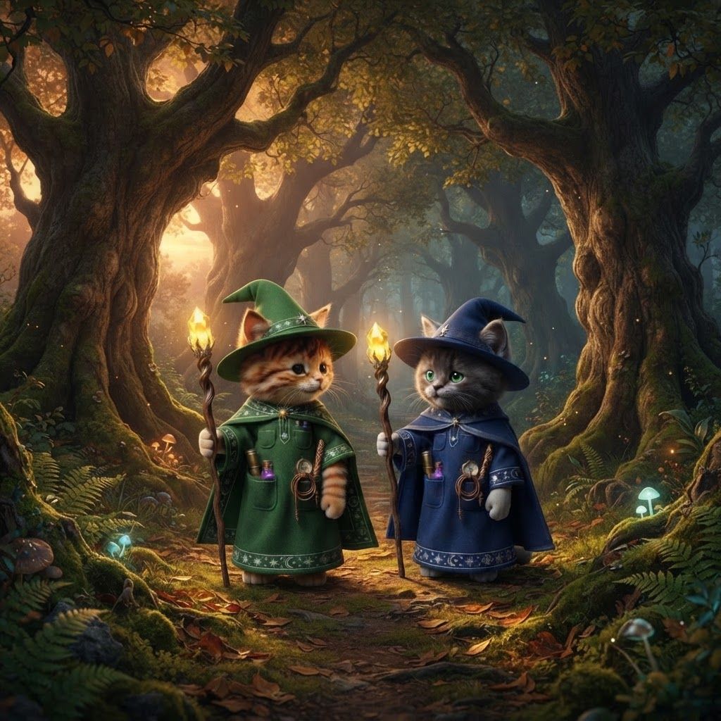 AI Design for So take these cats and make them walk in a peaceful forest in like a four second video of them just like walking and talking I'm laughing just like a peaceful quiet sunset Forest with large trees and stuff