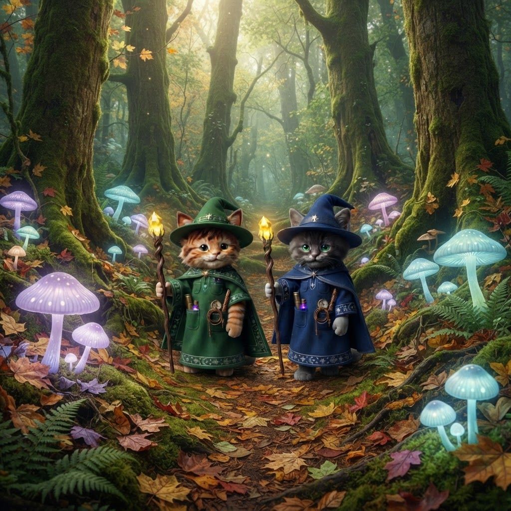 AI Design for Make these two cats walk in a peaceful quiet Forest filled with Peace mushrooms large trees in leaves everywhere