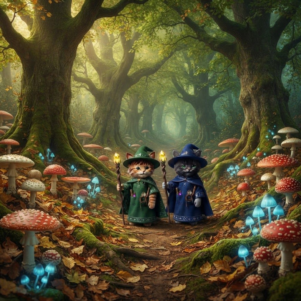 AI Design for Make these two cats walk in a peaceful quiet Forest filled with Peace mushrooms large trees in leaves everywhere the mushrooms are white and red