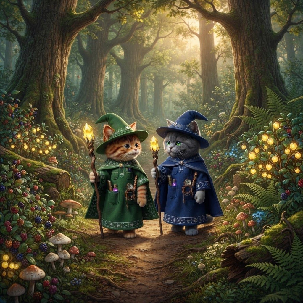 AI Design for I want these two cats exactly the same as how they look now walking in a quiet Forest filled with large trees high above them and then white and red mushrooms all across the ground bushes with glowing yellow berries wild berries and bushes and trees all feeling up to be a beautiful wonderful Forest whilst they're walking across a dirt path like two great friends talking with each other reminiscing over the times when life was much simpler