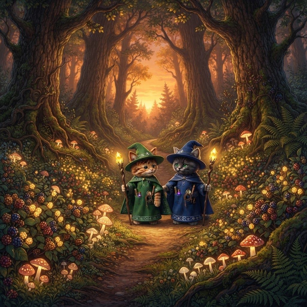 AI Design for I want these two cats exactly the same as how they look now walking in a quiet Forest filled with large trees high above them and then white and red mushrooms all across the ground bushes with glowing yellow berries wild berries and bushes and trees all feeling up to be a beautiful wonderful Forest whilst they're walking across a dirt path like two great friends talking with each other reminiscing over the times when life was much simpler and don't change the cats looks make them look exactly as they are and don't make the bushes berries colorful just make them glowing yellow and like a sunset so it's kind of dark in the forest but they're sticks are illuminating everything and don't forget the tabby kittens details obviously having tipped ears like what I mean by tip is they have like a brown ear tips Brown stripes brown hair orange for the color of the beautiful club design and don't actually make them feel like they're like the center of the image kinda make it like a curved path and that they're walking on it like the curved pass