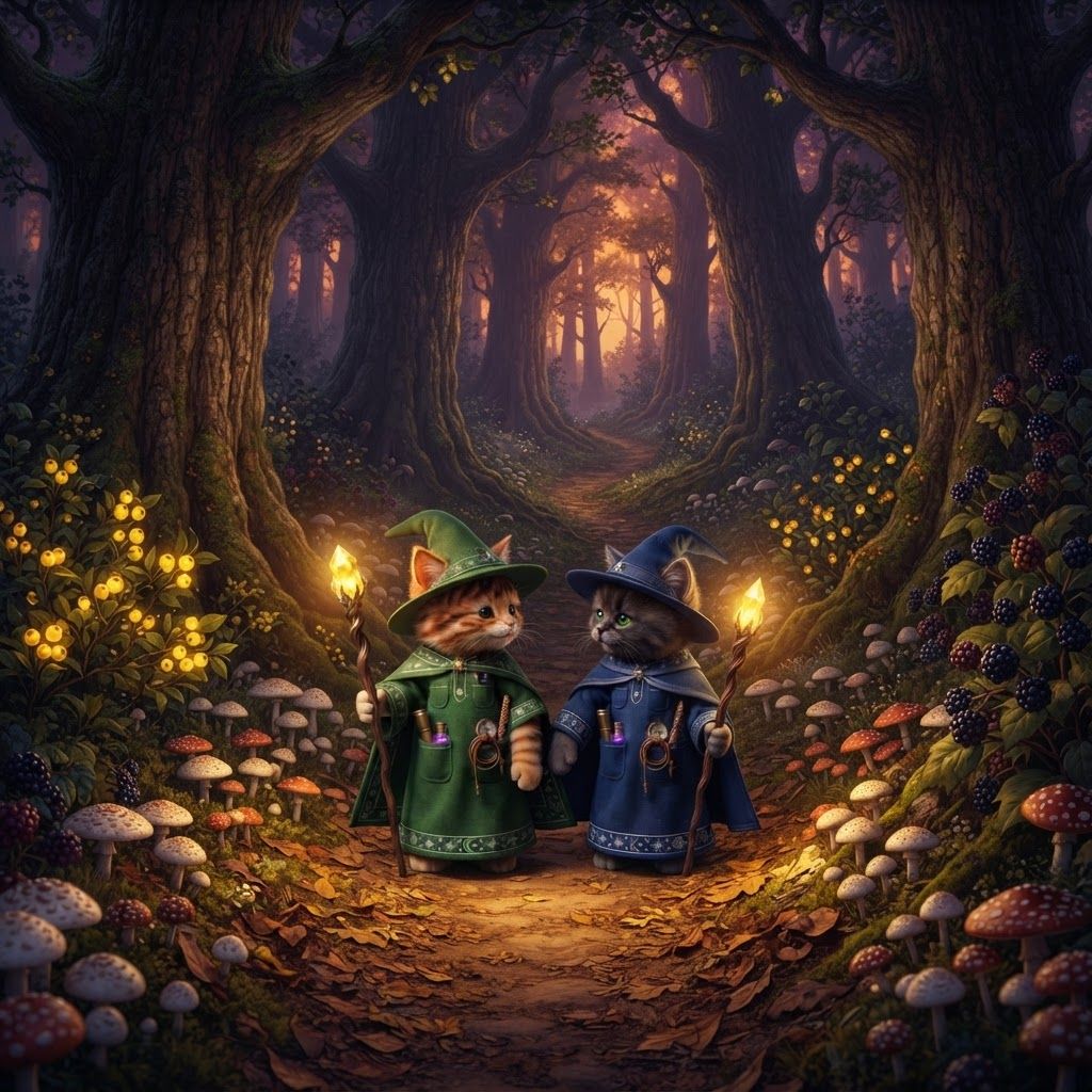 AI Design for I want these two cats exactly the same as how they look now walking in a quiet Forest filled with large trees high above them and then white and red mushrooms all across the ground bushes with glowing yellow berries wild berries and bushes and trees all feeling up to be a beautiful wonderful Forest whilst they're walking across a dirt path like two great friends talking with each other reminiscing over the times when life was much simpler and don't change the cats looks make them look exactly as they are and don't make the bushes berries colorful just make them glowing yellow and like a sunset so it's kind of dark in the forest but they're sticks are illuminating everything