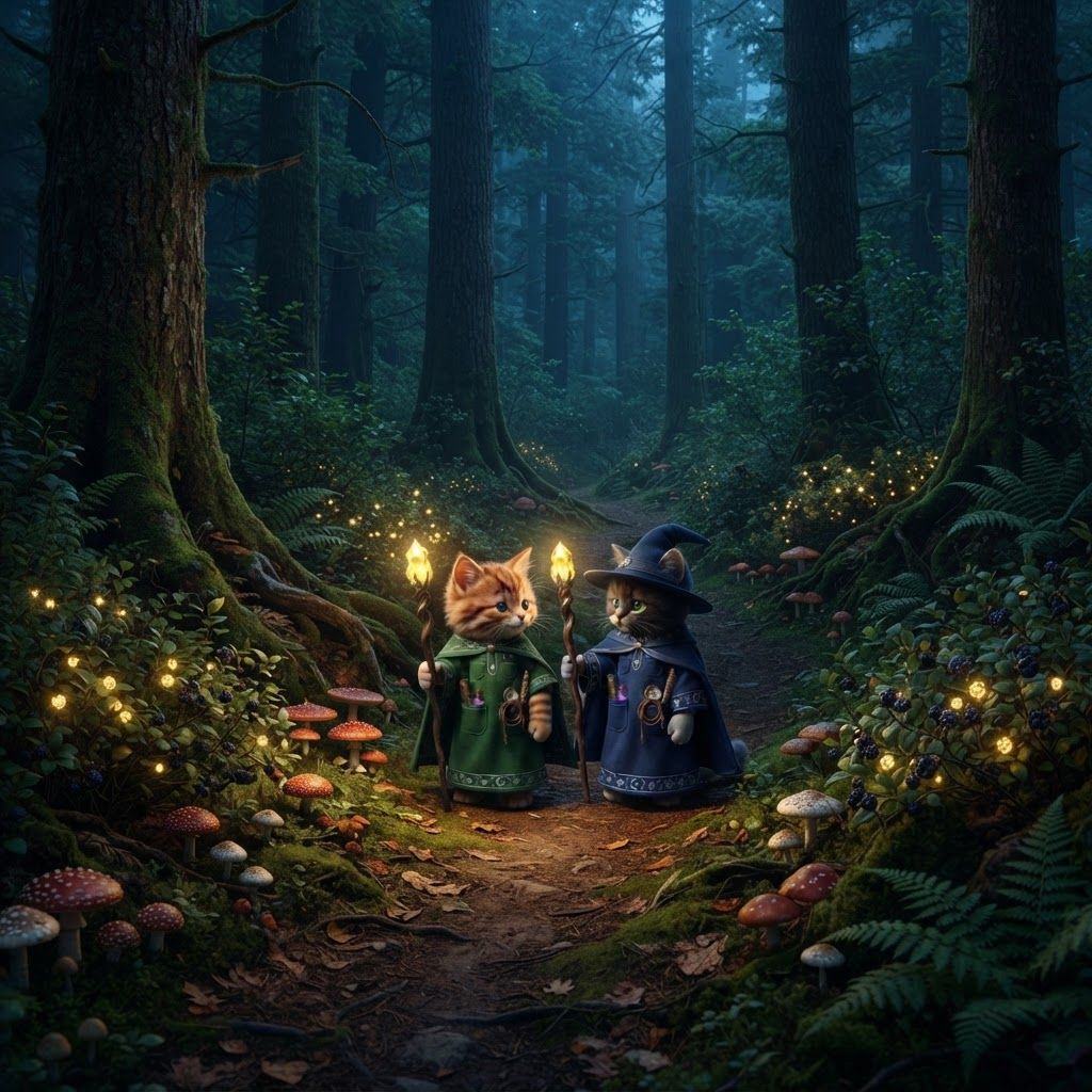 AI Design for I want these two cats exactly the same as how they look now walking in a quiet Forest filled with large trees high above them and then white and red mushrooms all across the ground bushes with glowing yellow berries wild berries and bushes and trees all feeling up to be a beautiful wonderful Forest whilst they're walking across a dirt path like two great friends talking with each other reminiscing over the times when life was much simpler and don't change the cats looks make them look exactly as they are and don't make the bushes berries colorful just make them glowing yellow and like a sunset so it's kind of dark in the forest but they're sticks are illuminating everything and don't forget the tabby kittens details obviously having tipped ears like what I mean by tip is they have like a brown ear tips Brown stripes brown hair orange for the color of the beautiful club design and don't actually make them feel like they're like the center of the image kinda make it like a curved path and that they're walking on it like the curved pass
