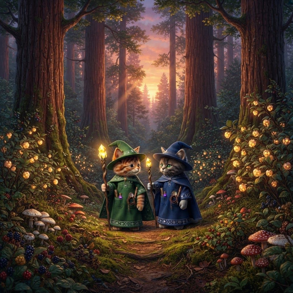 AI Design for I want these two cats exactly the same as how they look now walking in a quiet Forest filled with large trees high above them and then white and red mushrooms all across the ground bushes with glowing yellow berries wild berries and bushes and trees all feeling up to be a beautiful wonderful Forest whilst they're walking across a dirt path like two great friends talking with each other reminiscing over the times when life was much simpler and don't change the cats looks make them look exactly as they are and don't make the bushes berries colorful just make them glowing yellow and like a sunset so it's kind of dark in the forest but they're sticks are illuminating everything