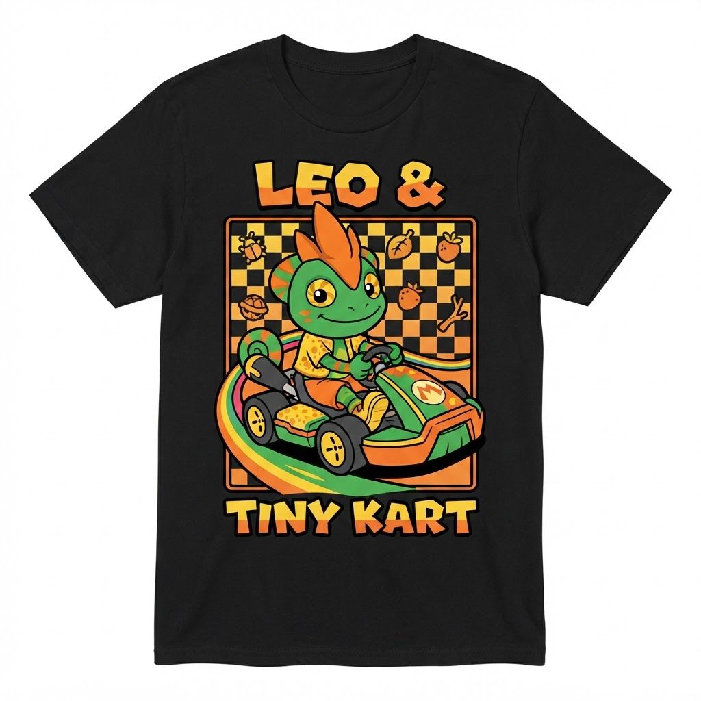 AI Design for Create a basic simple design with bold black lines vibrant colors simple shading minimal shading to be exact with this character driving in a small cart in slightly steering curving on a graphic design that similar to the Mario image it do not alternate his designer anything put it on the black background and make it really unique fun and do not and I repeat do not ultimately Leo's design it can smile closes mouth so as tongue isn't sticking out make a unique colorful fun and match the color scheme of the character do not alternate Leos design to change and do it exactly as is without any minor or minimal changes to the overall design keep it as is and do not change the design unless I completely specify you to and doubled and twice confirm do not change the design alright do not change it and also make the sign say Leo & tiny kart he has three spikes on top of his head and he does not have a crest just don't mess up his design thank you