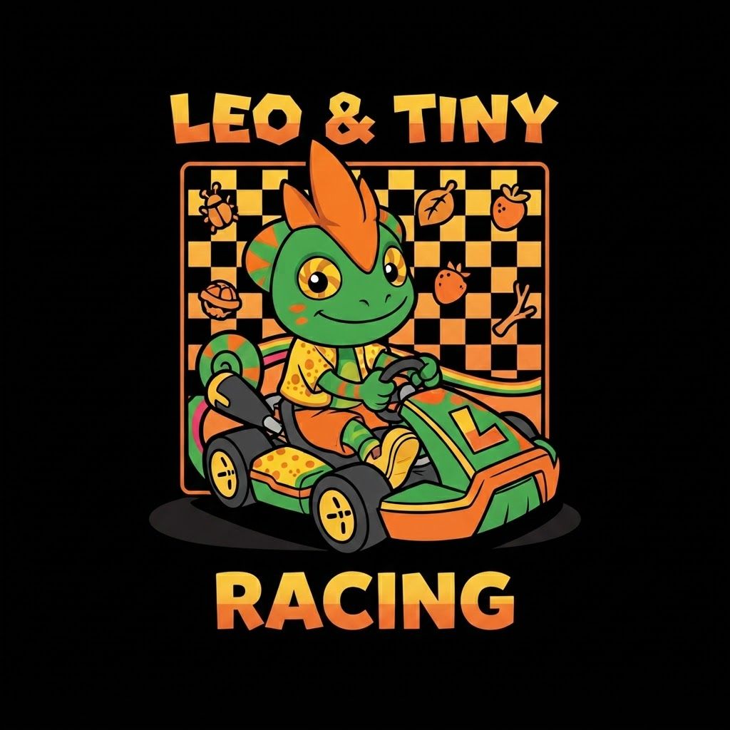 AI Design for Fixius Design remove the rainbow road and all for the letter sign of the kart replace it with an l uppercase l and put to Design on Black background put design on black background no shirt just design fix the too horns a bit and make design clearer and put Leo & Tiny on too of bkx and at bottom says Racing