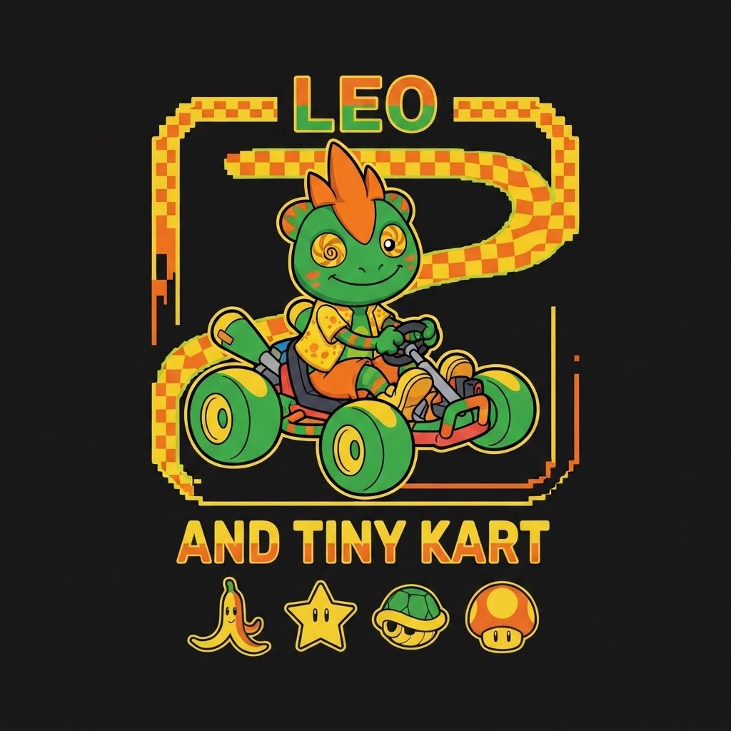AI Design for Create a basic simple design with bold black lines vibrant colors simple shading minimal shading to be exact with this character driving in a small cart in slightly steering curving on a graphic design that similar to the Mario image it do not alternate his designer anything put it on the black background and make it really unique fun and do not and I repeat do not ultimately Leo's design it can smile closes mouth so as tongue isn't sticking out make a unique colorful fun and match the color scheme of the character do not alternate Leos design to change and do it exactly as is without any minor or minimal changes to the overall design keep it as is and do not change the design unless I completely specify you to and doubled and twice confirm do not change the design alright do not change it and also make the sign say Leo and tiny kart he has three spikes on top of his head and he does not have a crest just don't mess up his design thank you