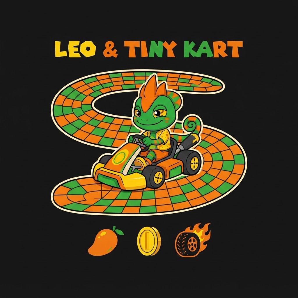 AI Design for Create a basic simple design with bold black lines vibrant colors simple shading minimal shading to be exact with this character driving in a small cart in slightly steering curving on a graphic design that similar to the Mario image it do not alternate his designer anything put it on the black background and make it really unique fun and do not and I repeat do not ultimately Leo's design it can smile closes mouth so as tongue isn't sticking out make a unique colorful fun and match the color scheme of the character do not alternate Leos design to change and do it exactly as is without any minor or minimal changes to the overall design keep it as is and do not change the design unless I completely specify you to and doubled and twice confirm do not change the design alright do not change it and also make the sign say Leo & tiny kart he has three spikes on top of his head and he does not have a crest just don't mess up his design thank you make the design simplistic and fun and replace the lower symbols with a mango a simple mango a simple coin and attire that's like burning hot but make all of these designs simple make it all fit in like a square box and just do not alternate his design make you look like as is on the photo which is with him sitting smiling and looking and also make him on the road that's kind of curved like his tail and his filled of like orange and green tiles