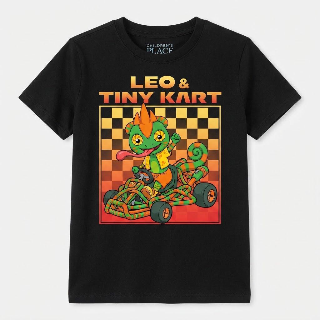 AI Design for Use this Mario image as a reference to upload my chameleon character with all the exact details and him writing a kart but instead of it saying Mario Kart it says Leo and tiny cart with the and being an ampersand and the little upgrades are not there and a little gradient that's going to be like orange red yellow and he is driving like a card that is kind of has like orange and green tubes to kind of beamed alike as a design and do not put the shirt on just put like like a black background and then this graphic design do not alternate the chameleons design and keep it as is do not change or modify the design to alter his Look clothing pattern or anything suggesting that