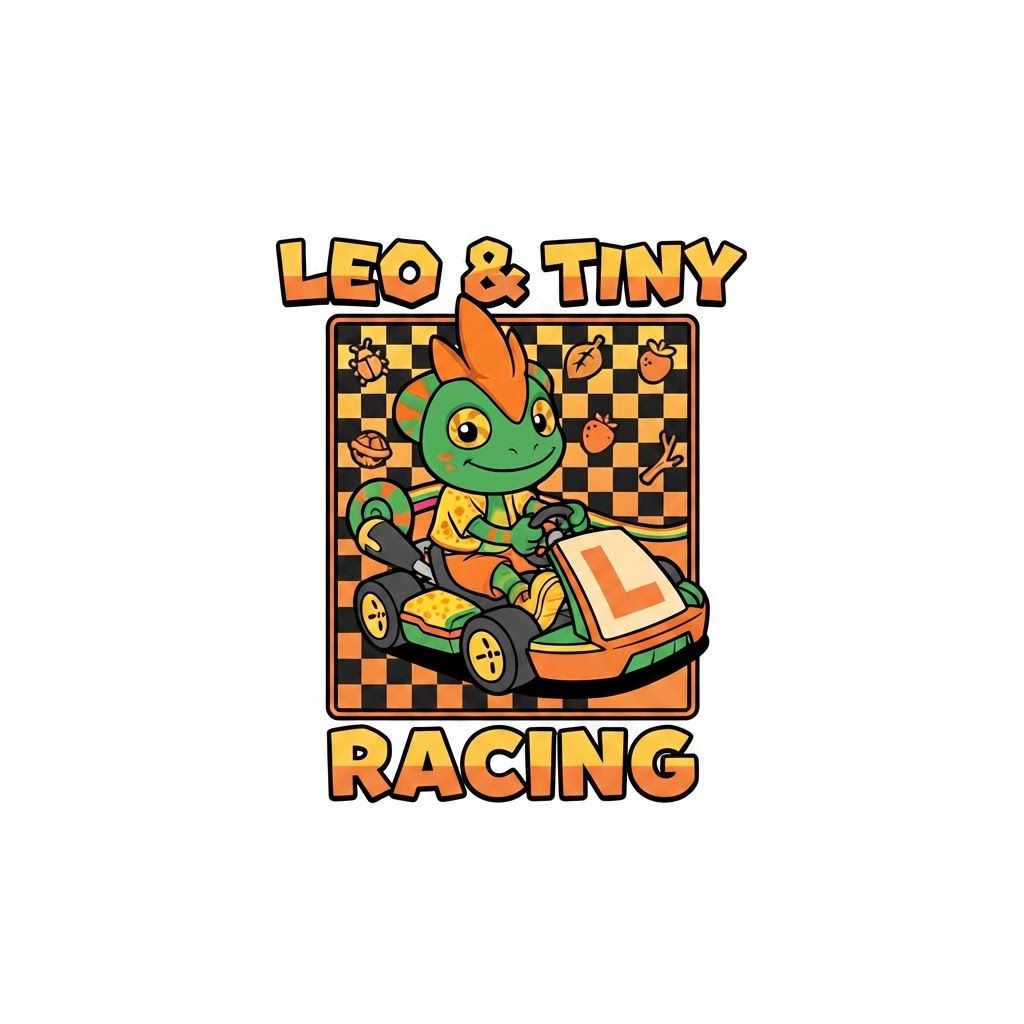 AI Design for Fixius Design remove the rainbow road and all for the letter sign of the kart replace it with an l uppercase l and put to Design on Black background put design on black background no shirt just design fix the too horns a bit and make design clearer and put Leo & Tiny on too of bkx and at bottom says Racing
