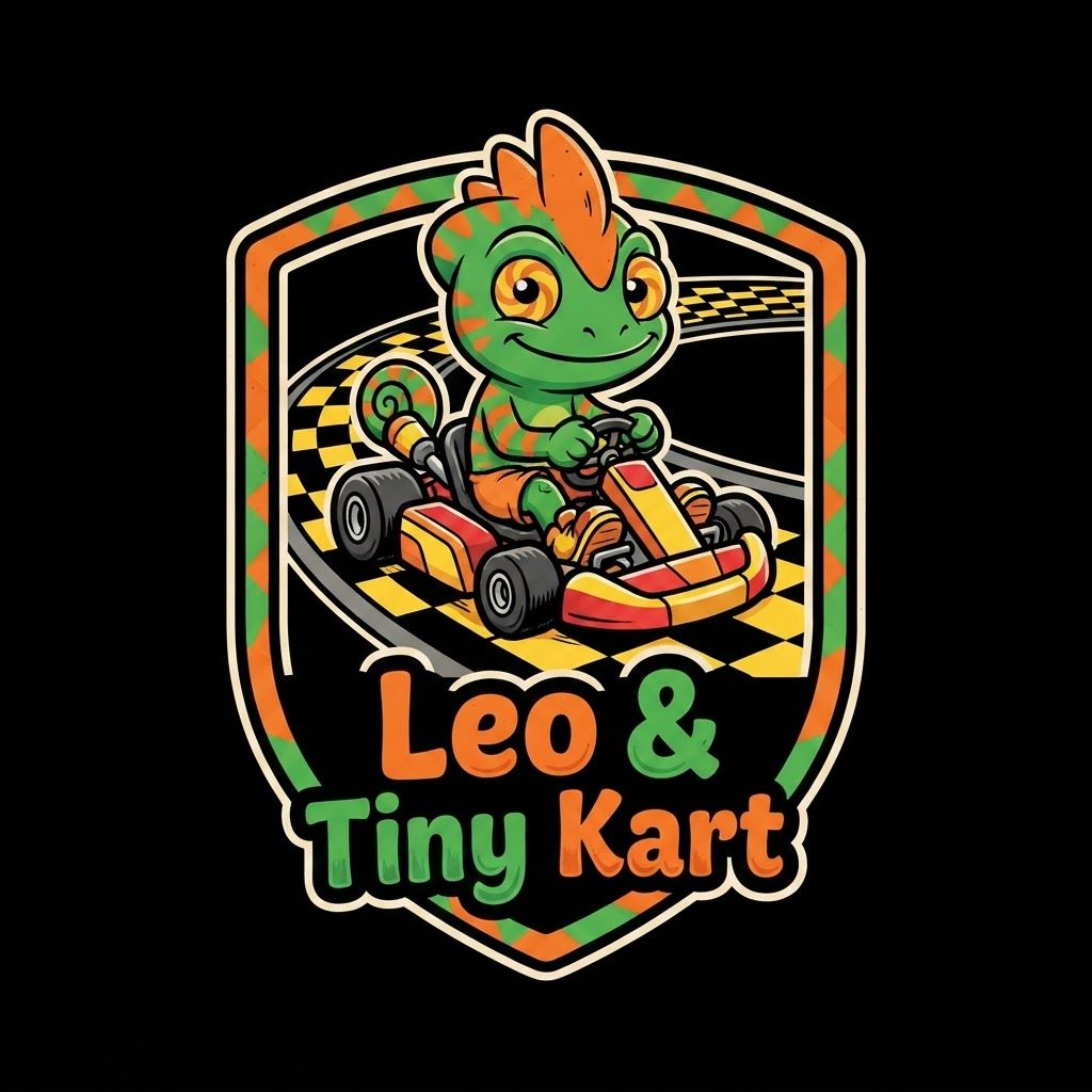 AI Design for Create a basic simple design with bold black lines vibrant colors simple shading minimal shading to be exact with this character driving in a small cart in slightly steering curving on a graphic design that similar to the Mario image it do not alternate his designer anything put it on the black background and make it really unique fun and do not and I repeat do not ultimately Leo's design it can smile closes mouth so as tongue isn't sticking out make a unique colorful fun and match the color scheme of the character do not alternate Leos design to change and do it exactly as is without any minor or minimal changes to the overall design keep it as is and do not change the design unless I completely specify you to and doubled and twice confirm do not change the design alright do not change it and also make the sign say Leo & tiny kart he has three spikes on top of his head and he does not have a crest just don't mess up his design thank you