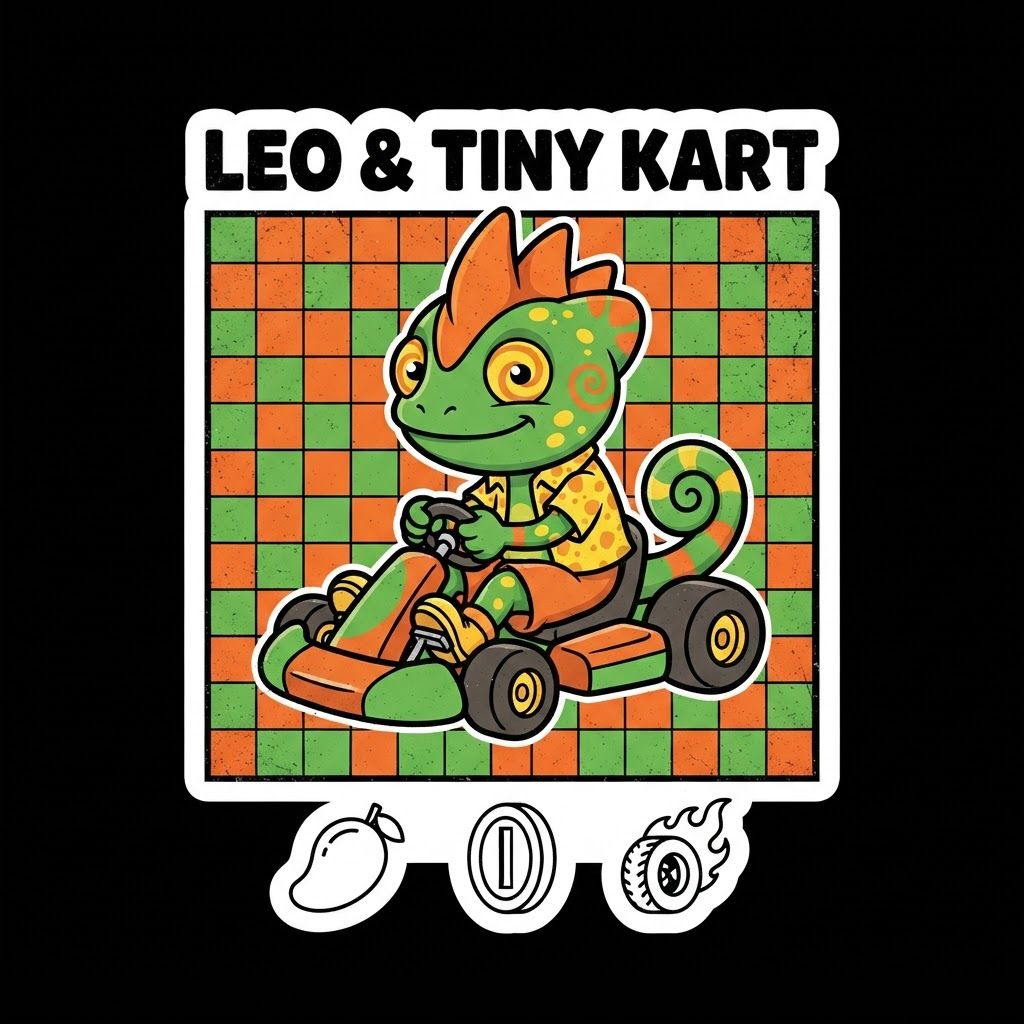 AI Design for Create a basic simple design with bold black lines vibrant colors simple shading minimal shading to be exact with this character driving in a small cart in slightly steering curving on a graphic design that similar to the Mario image it do not alternate his designer anything put it on the black background and make it really unique fun and do not and I repeat do not ultimately Leo's design it can smile closes mouth so as tongue isn't sticking out make a unique colorful fun and match the color scheme of the character do not alternate Leos design to change and do it exactly as is without any minor or minimal changes to the overall design keep it as is and do not change the design unless I completely specify you to and doubled and twice confirm do not change the design alright do not change it and also make the sign say Leo & tiny kart he has three spikes on top of his head and he does not have a crest just don't mess up his design thank you make the design simplistic and fun and replace the lower symbols with a mango a simple mango a simple coin and attire that's like burning hot but make all of these designs simple make it all fit in like a square box and just do not alternate his design make you look like as is on the photo which is with him sitting smiling and looking and also make him on the road that's kind of curved like his tail and his filled of like orange and green tiles