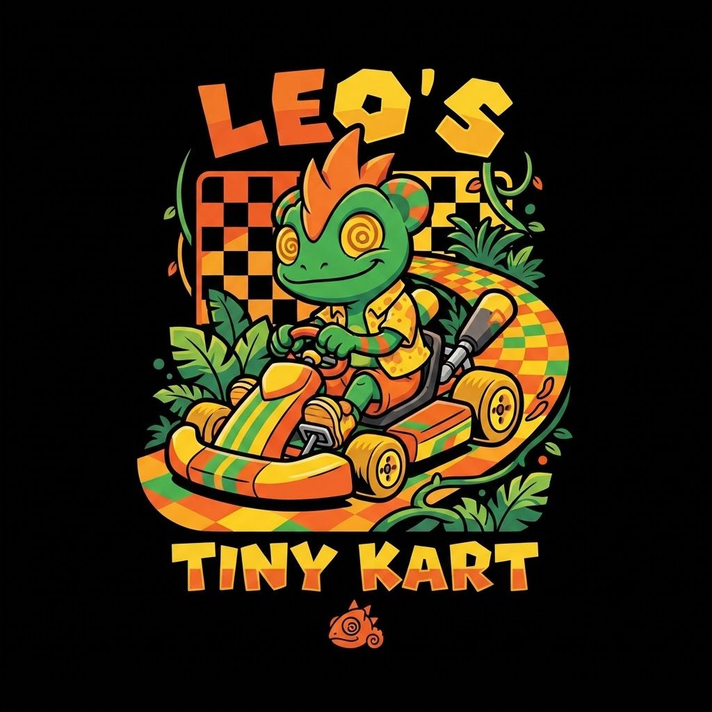 AI Design for Create a basic simple design with bold black lines vibrant colors simple shading minimal shading to be exact with this character driving in a small cart in slightly steering curving on a graphic design that similar to the Mario image it do not alternate his designer anything put it on the black background and make it really unique fun and do not and I repeat do not ultimately Leo's design it can smile closes mouth so as tongue isn't sticking out make a unique colorful fun and match the color scheme of the character do not alternate Leos design to change and do it exactly as is without any minor or minimal changes to the overall design keep it as is and do not change the design unless I completely specify you to and doubled and twice confirm do not change the design alright do not change it and also make the sign say Leo and tiny kart he has three spikes on top of his head and he does not have a crest just don't mess up his design thank you